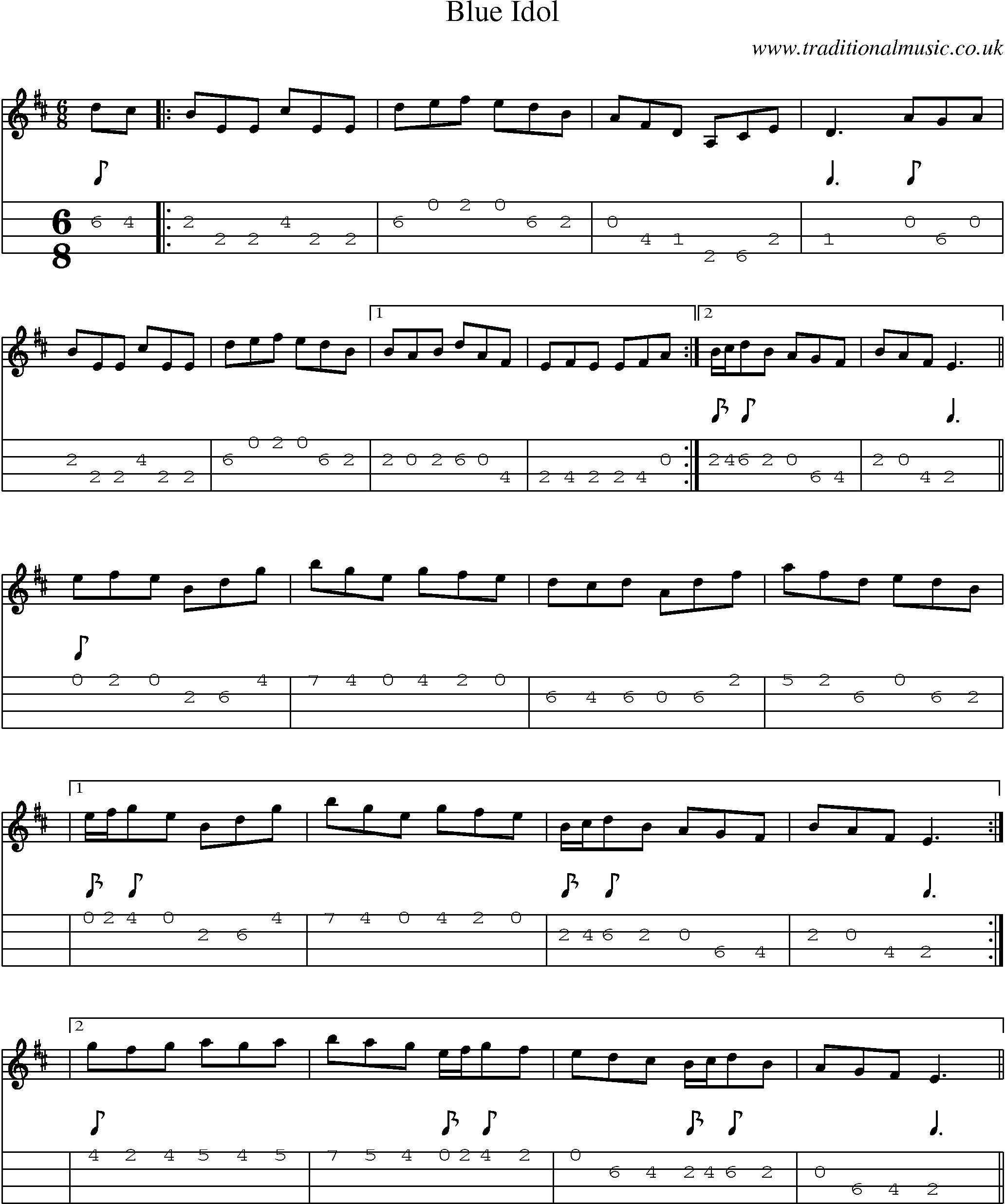 Music Score and Mandolin Tabs for Blue Idol