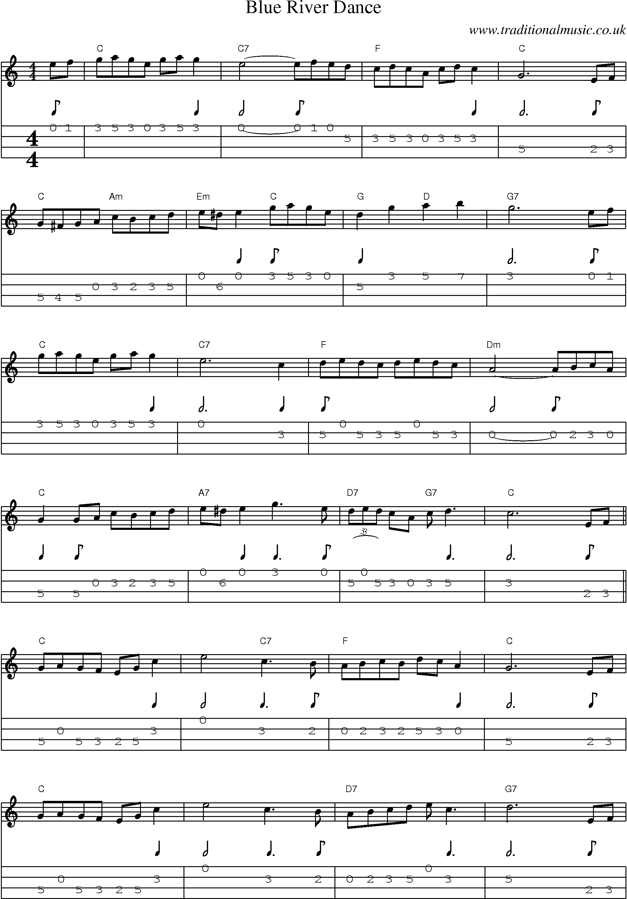 Music Score and Mandolin Tabs for Blue River Dance