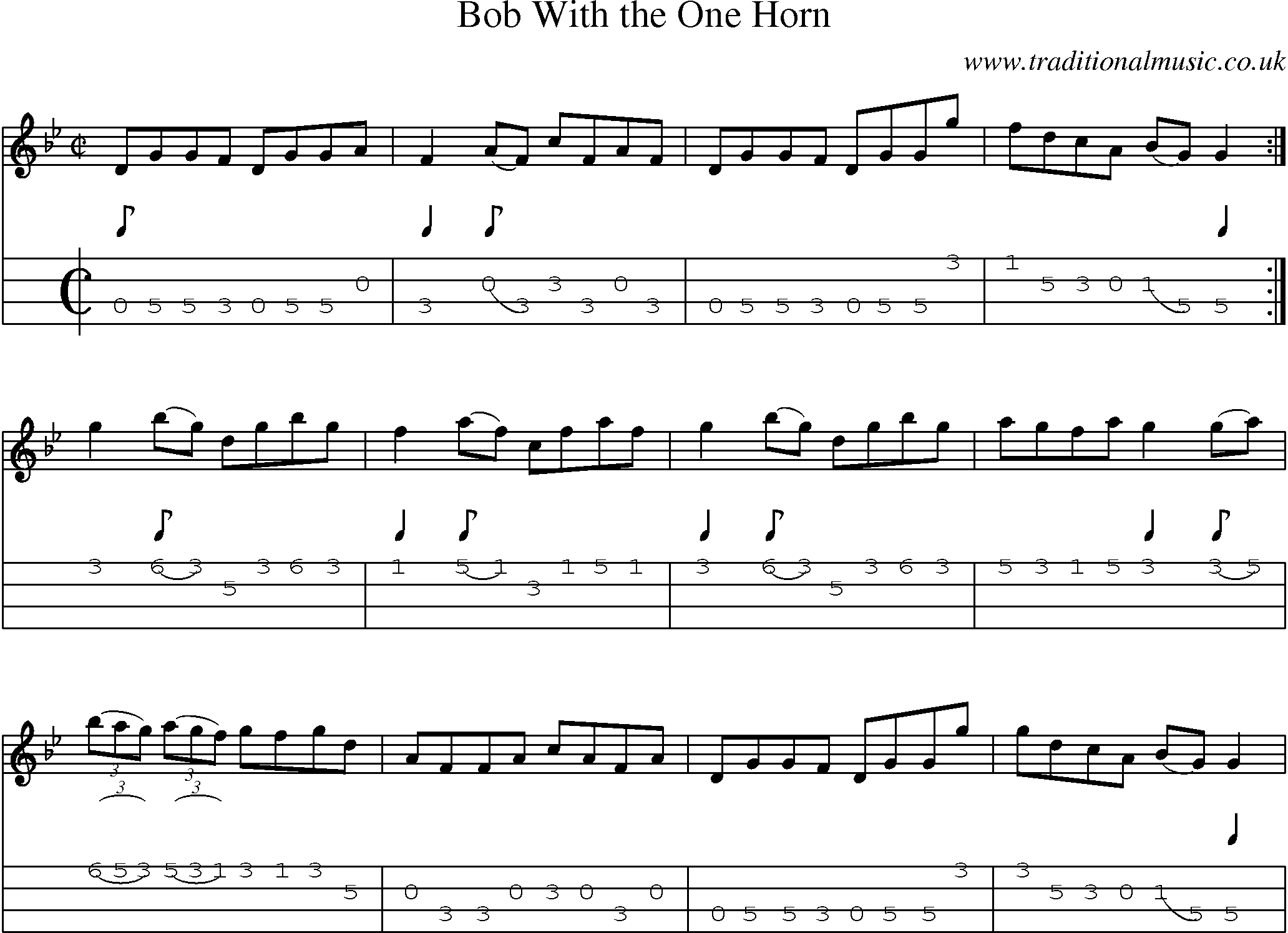 Music Score and Mandolin Tabs for Bob With One Horn