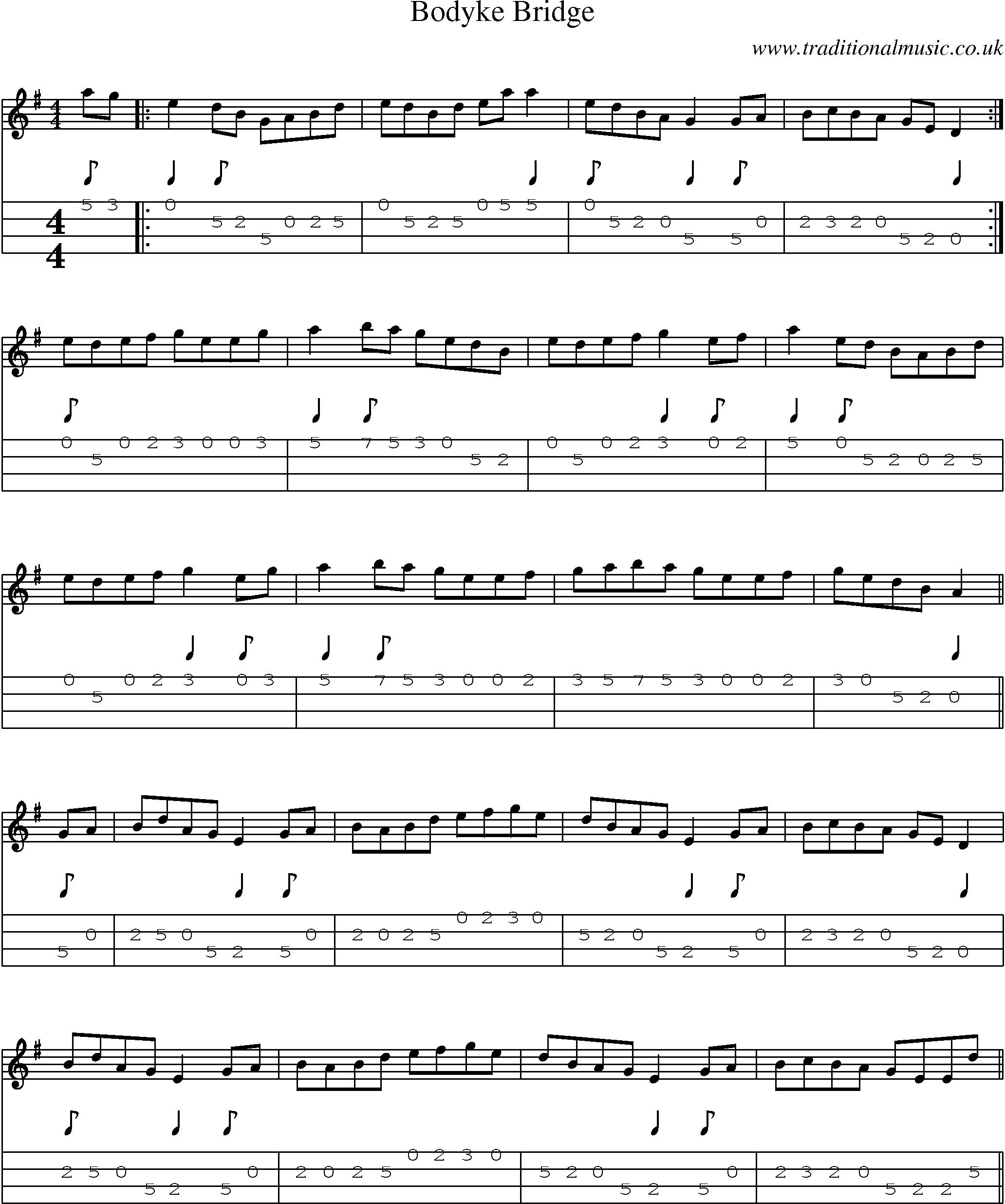 Music Score and Mandolin Tabs for Bodyke Bridge
