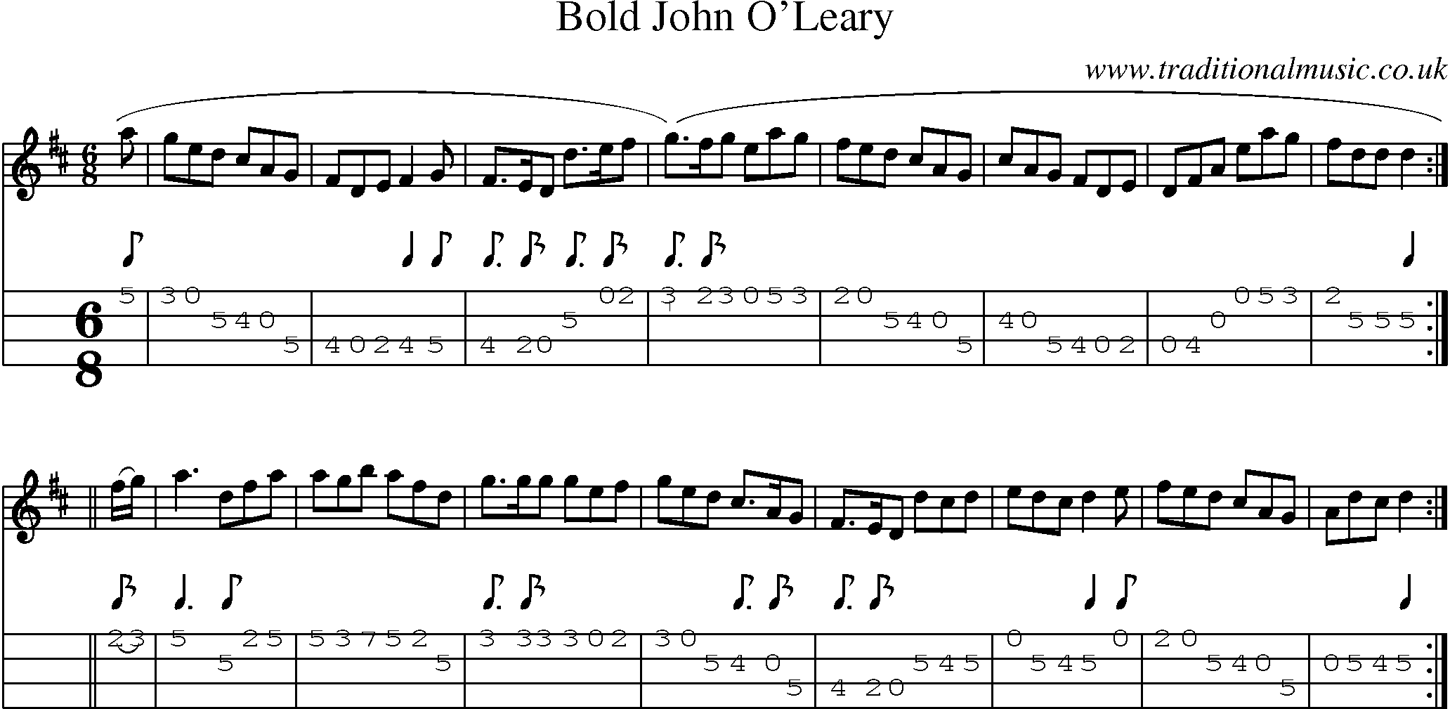 Music Score and Mandolin Tabs for Bold John O Leary