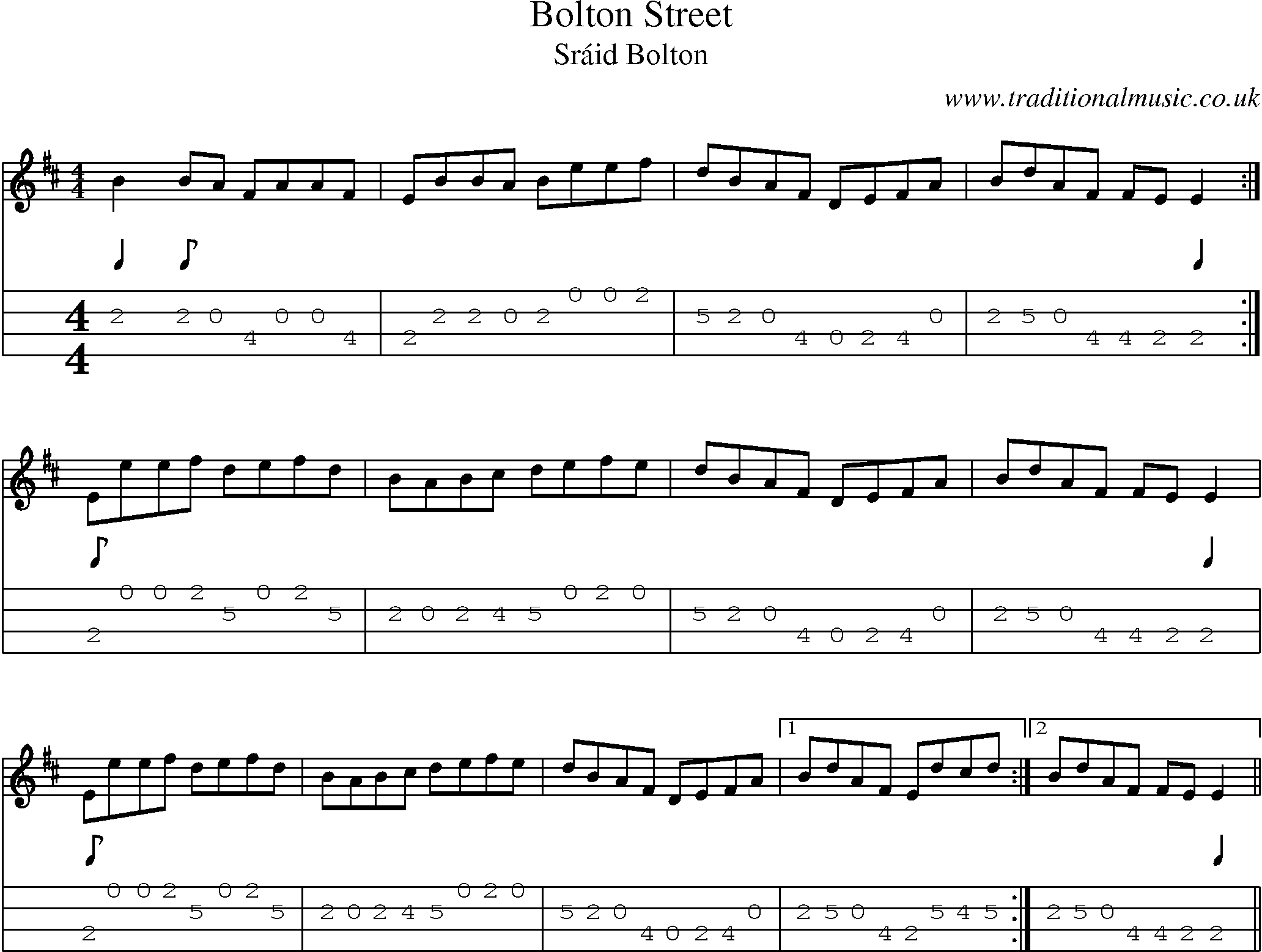 Music Score and Mandolin Tabs for Bolton Street