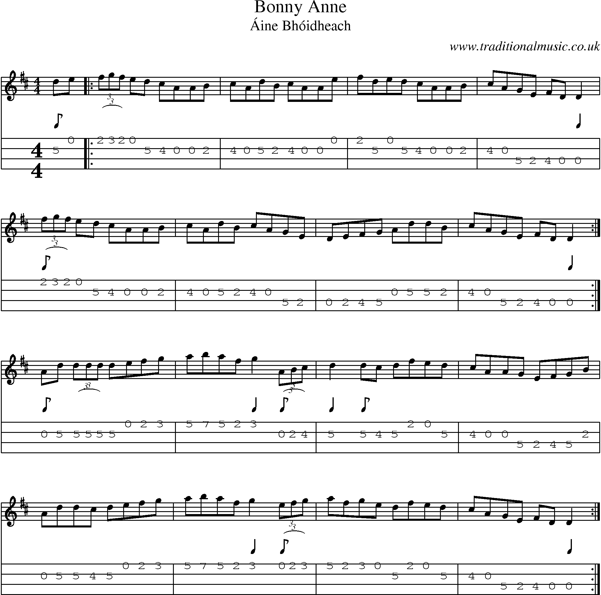 Music Score and Mandolin Tabs for Bonny Anne