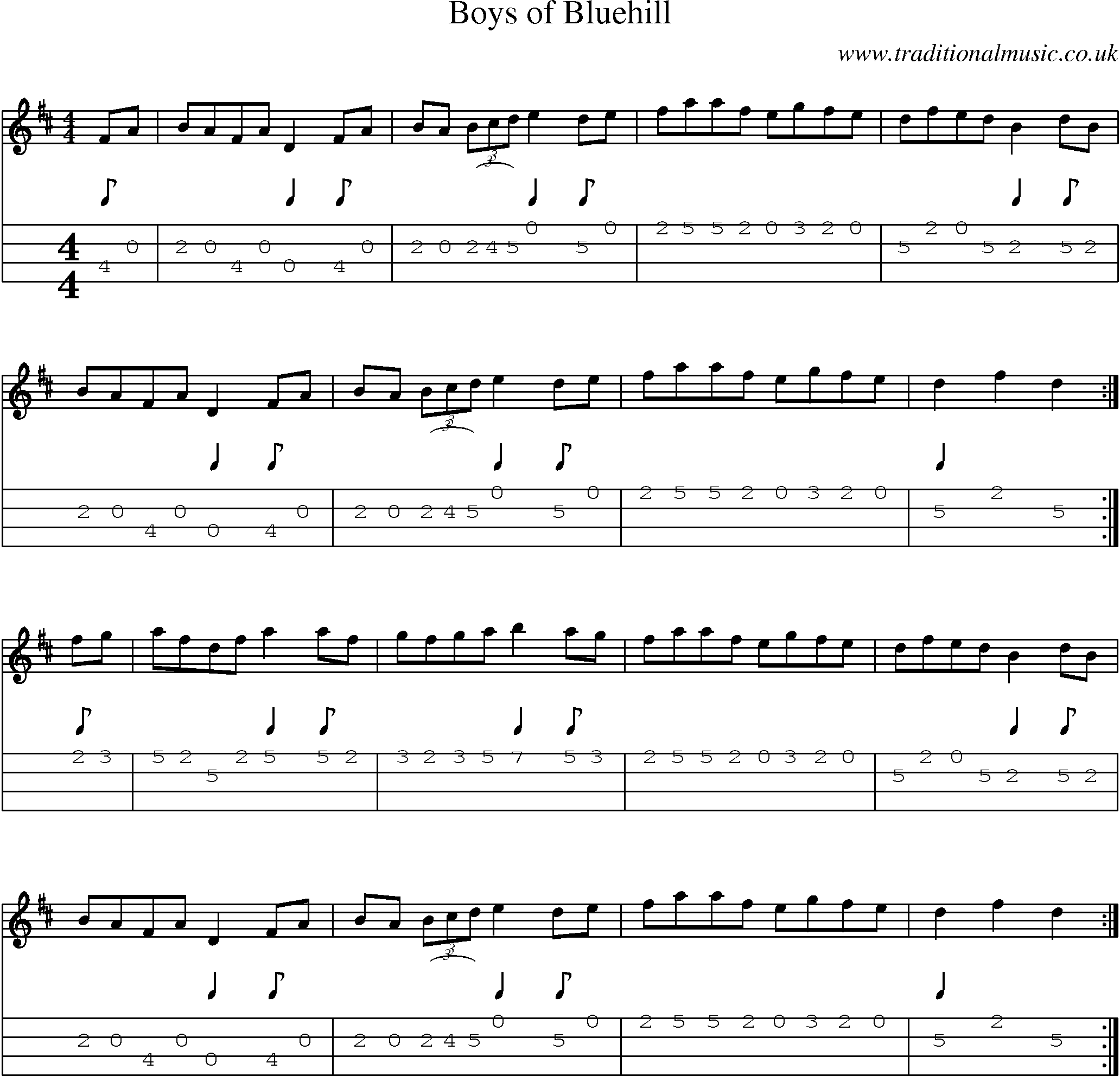 Music Score and Mandolin Tabs for Boys Of Bluehill