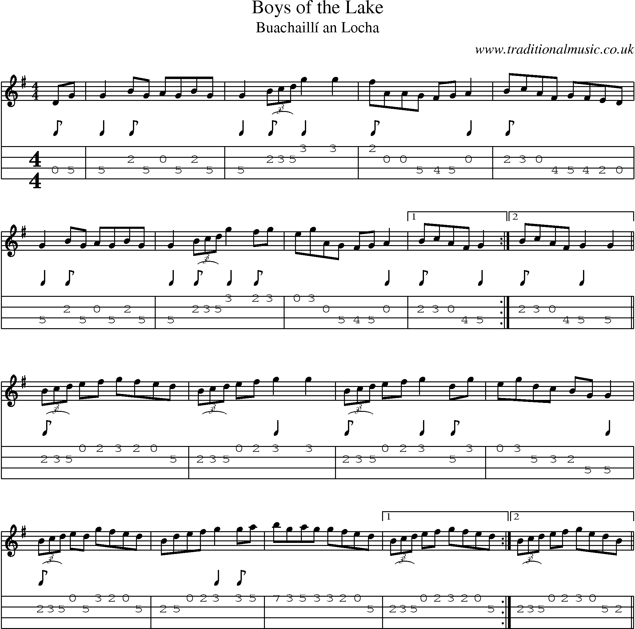 Music Score and Mandolin Tabs for Boys Of Lake