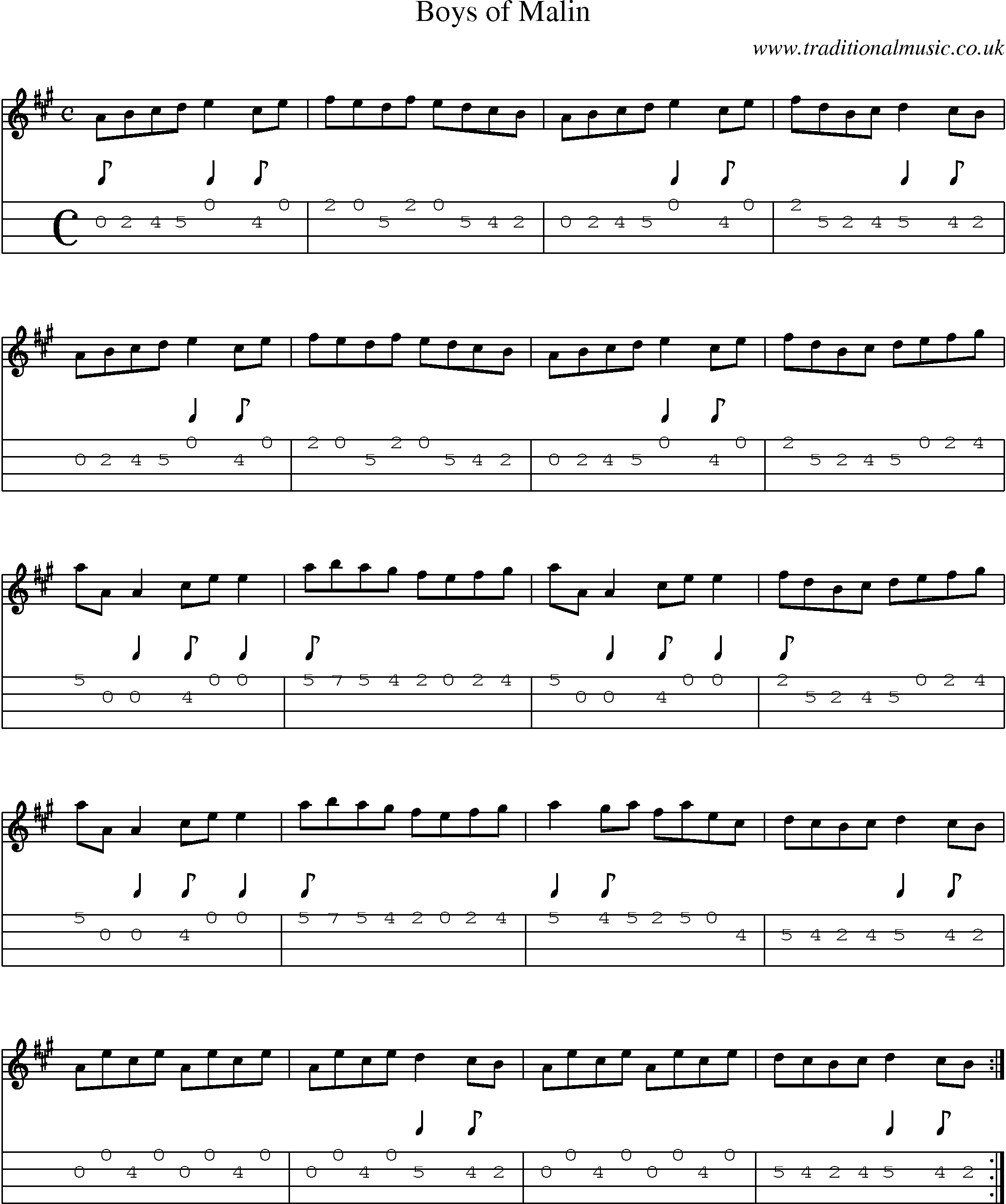 Music Score and Mandolin Tabs for Boys Of Malin