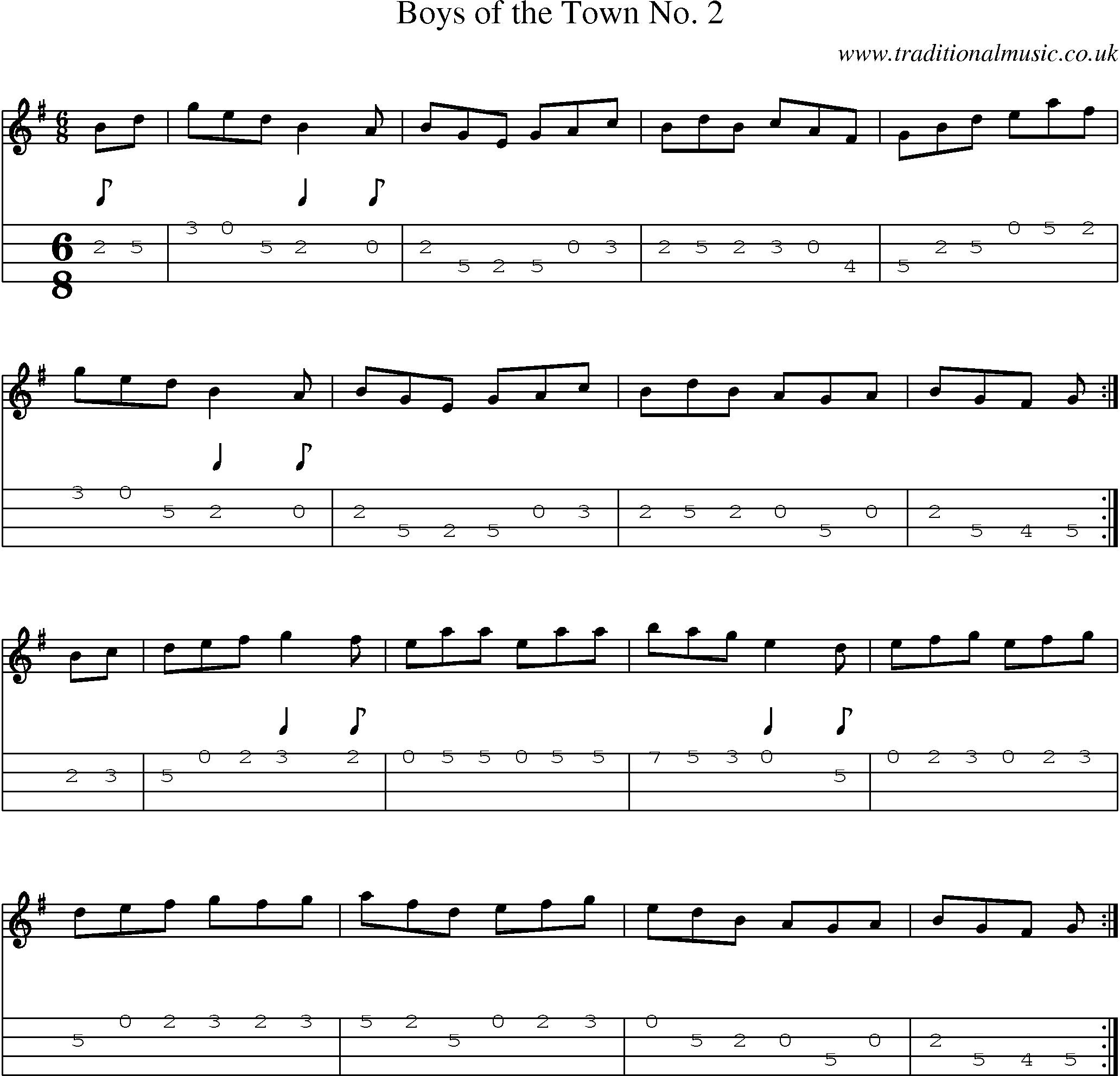 Music Score and Mandolin Tabs for Boys Of Town No 2