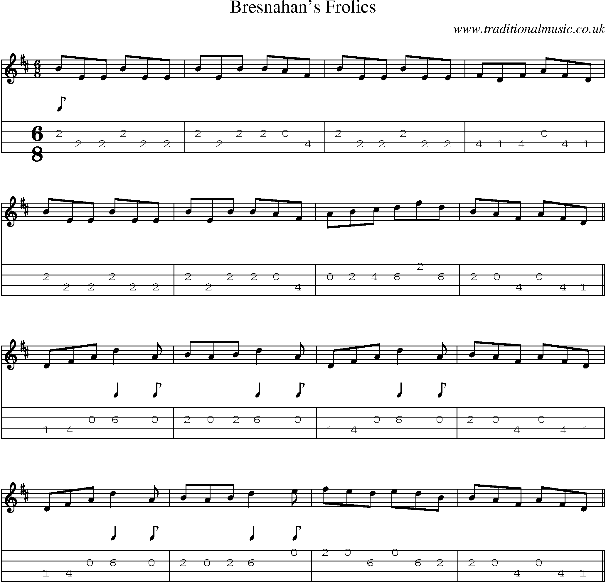 Music Score and Mandolin Tabs for Bresnahans Frolics