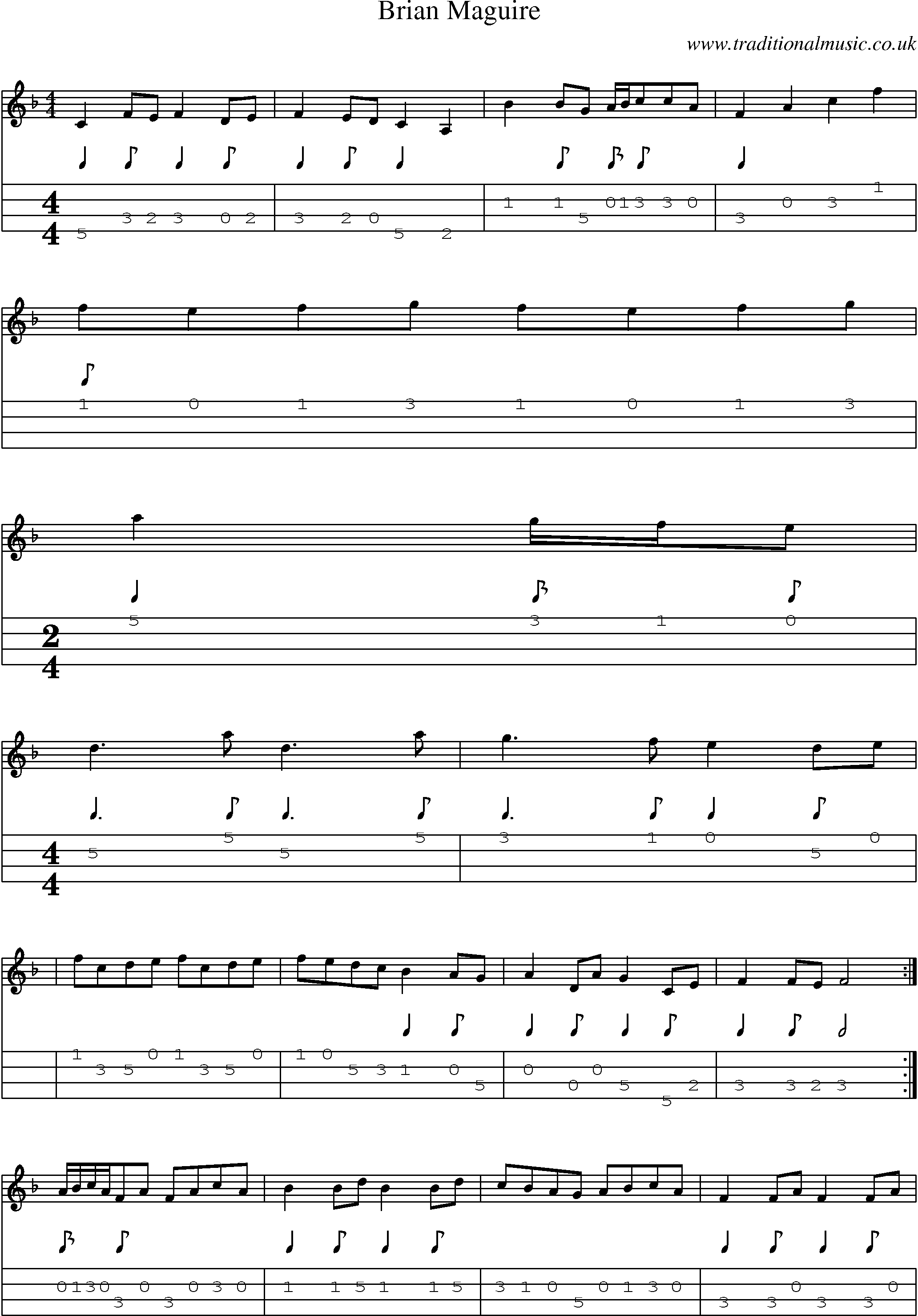 Music Score and Mandolin Tabs for Brian Maguire