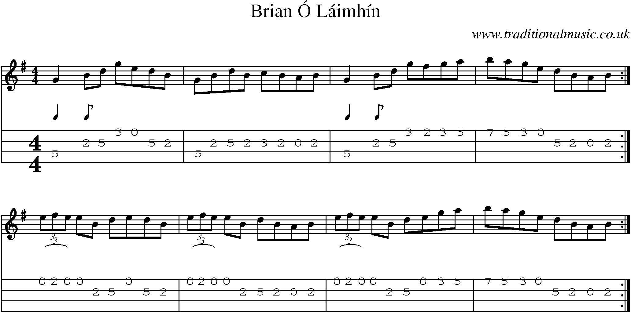 Music Score and Mandolin Tabs for Brian O Laimhin