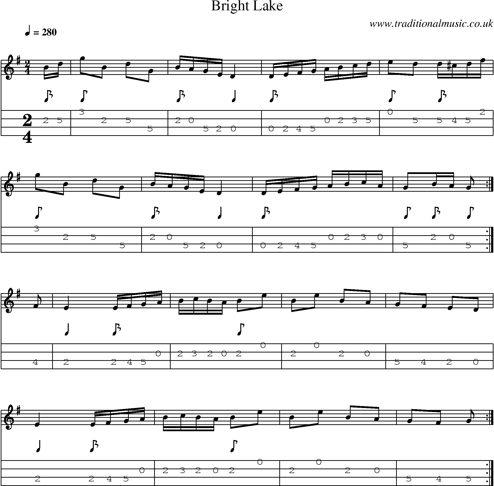 Music Score and Mandolin Tabs for Bright Lake