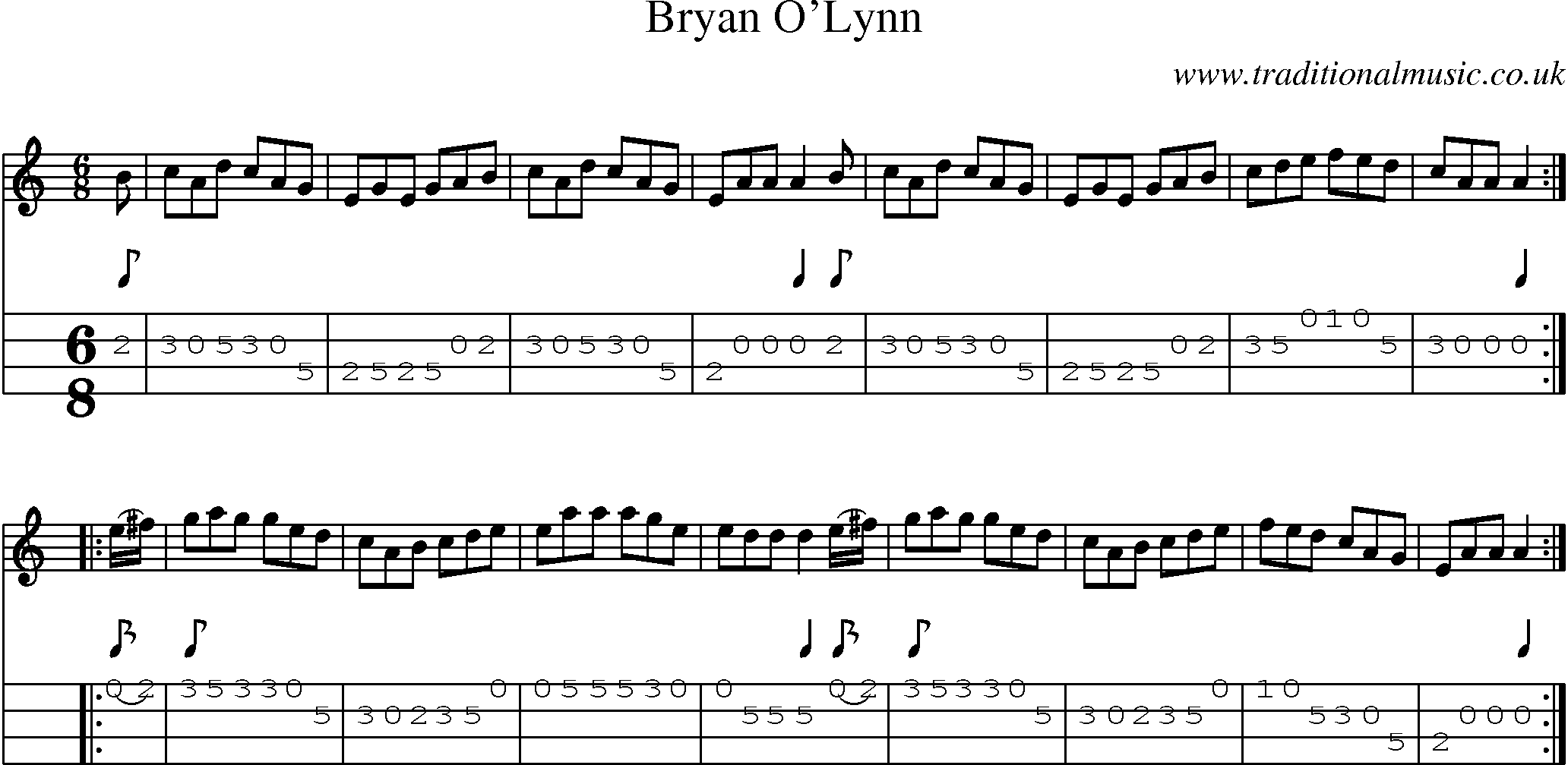 Music Score and Mandolin Tabs for Bryan O Lynn