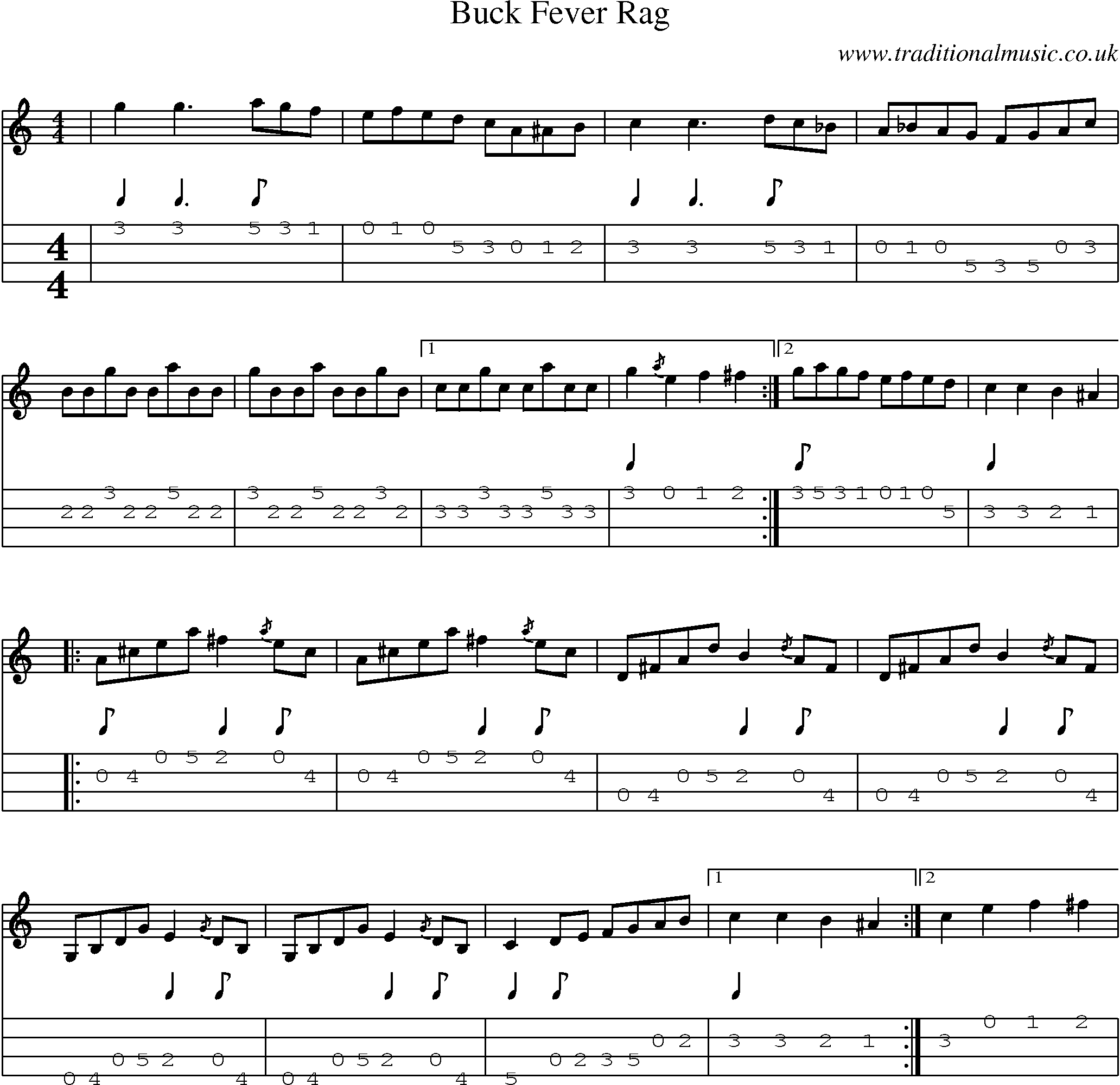 Music Score and Mandolin Tabs for Buck Fever Rag