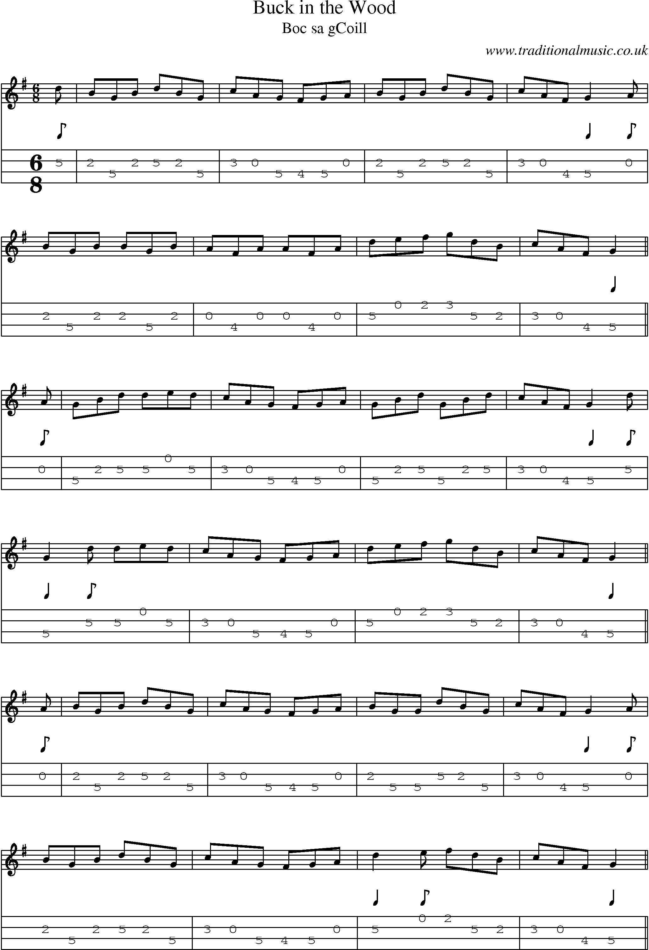 Music Score and Mandolin Tabs for Buck In Wood