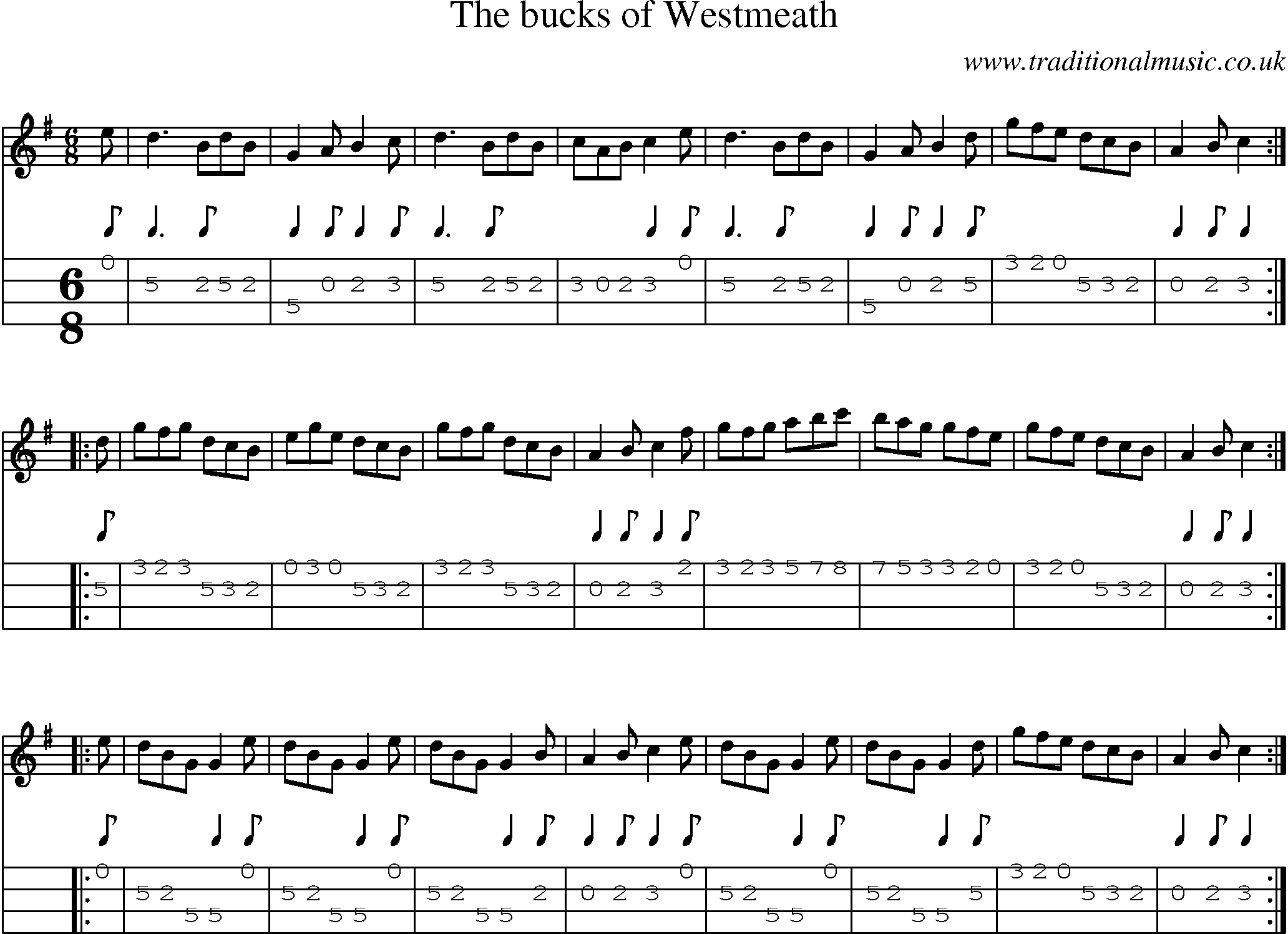 Music Score and Mandolin Tabs for Bucks Of Westmeath