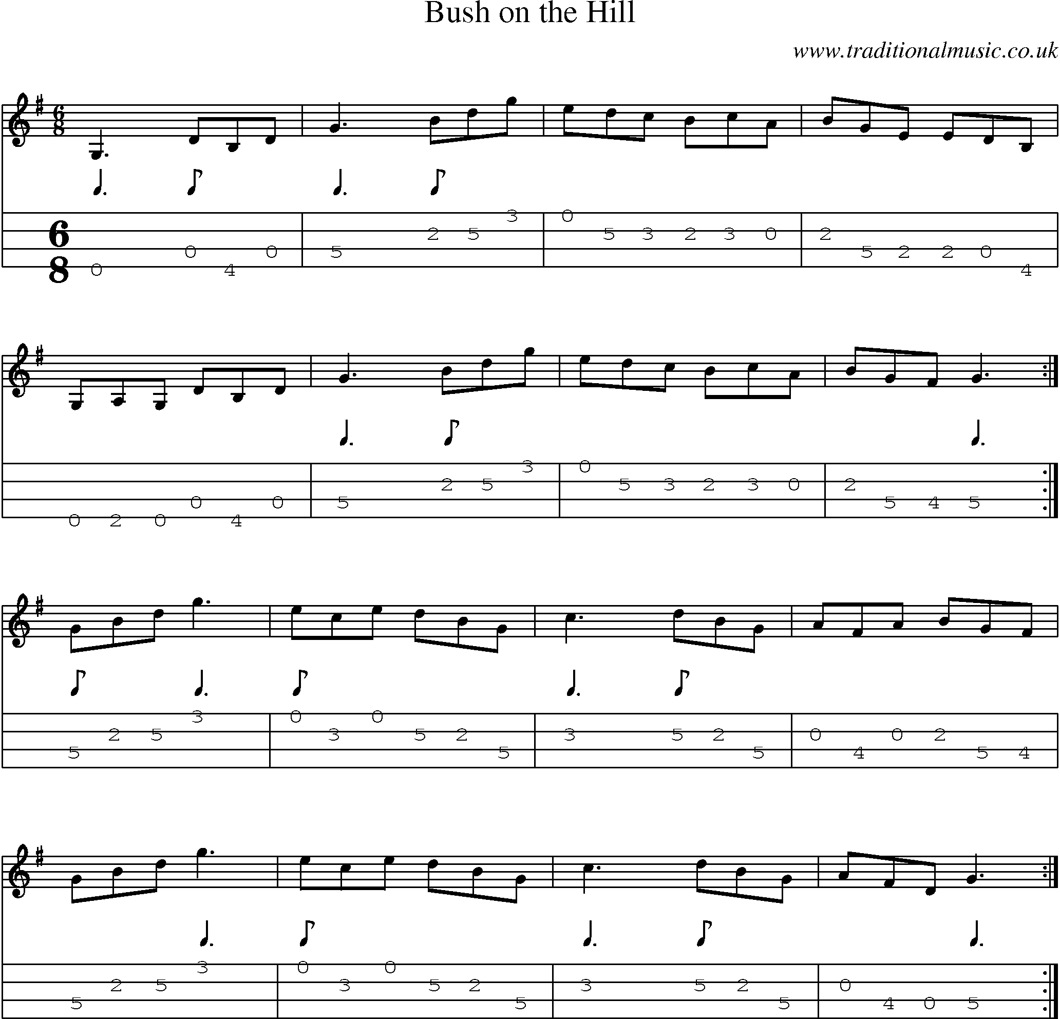 Music Score and Mandolin Tabs for Bush On Hill