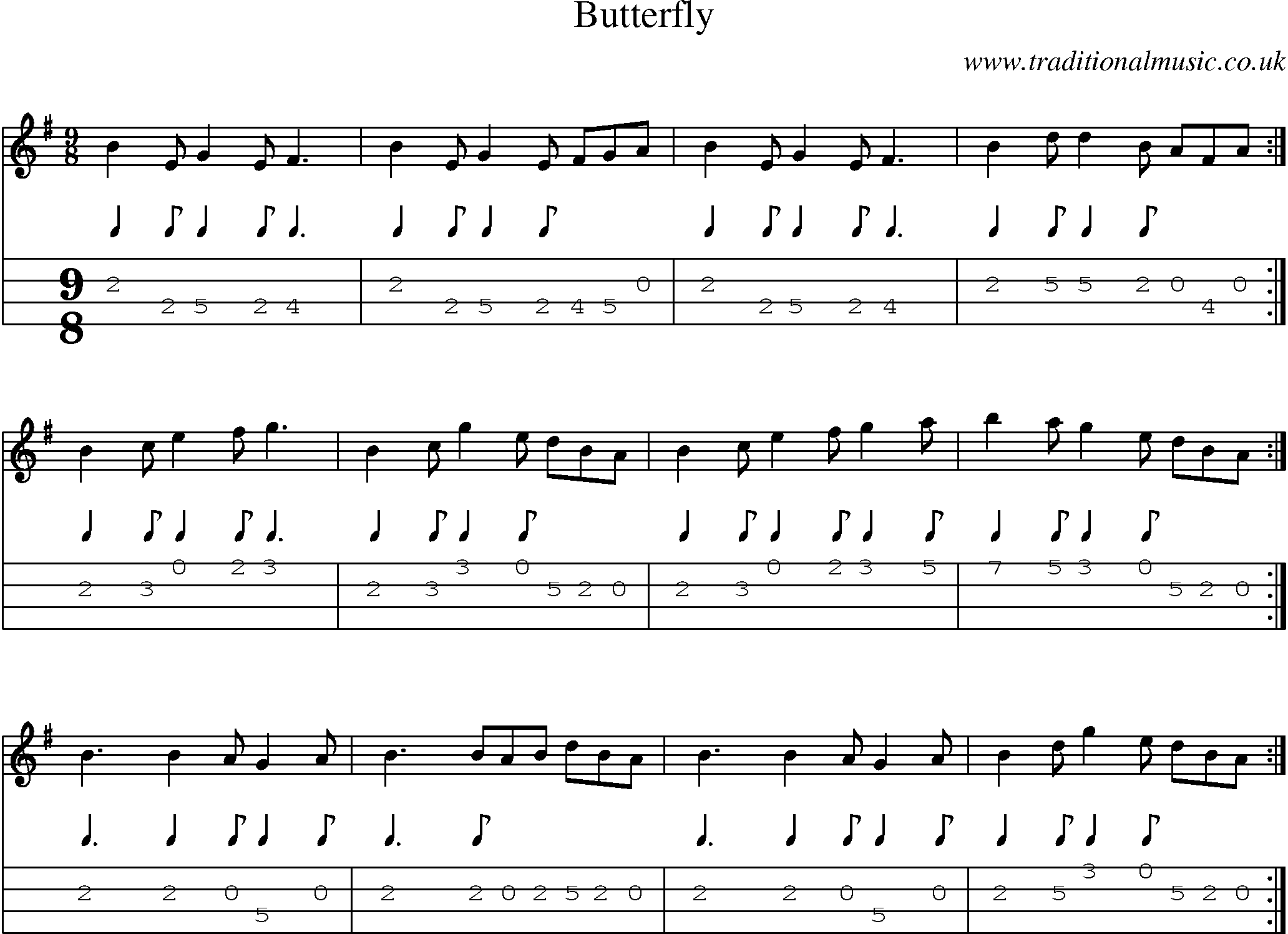 Music Score and Mandolin Tabs for Butterfly