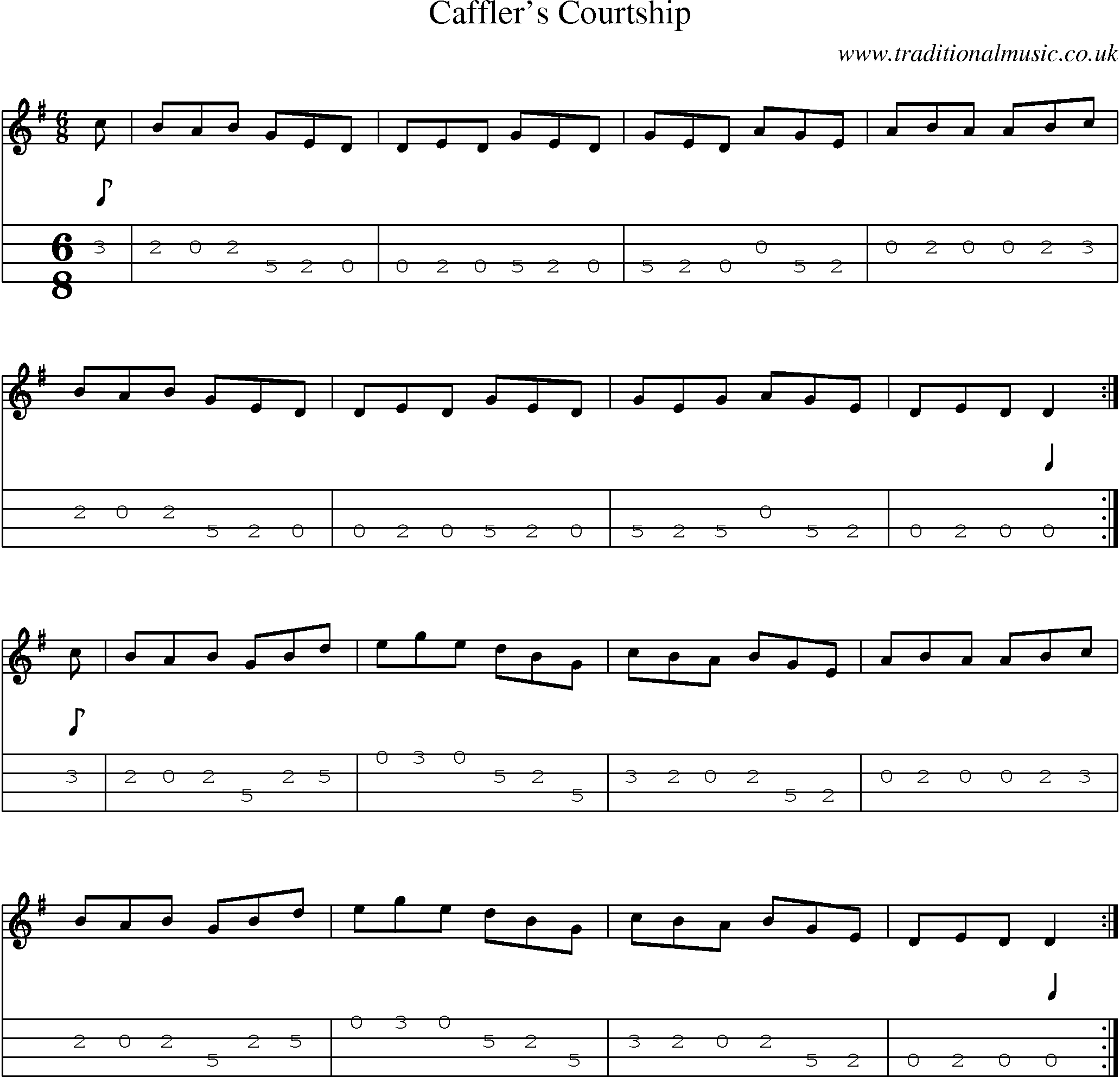 Music Score and Mandolin Tabs for Cafflers Courtship