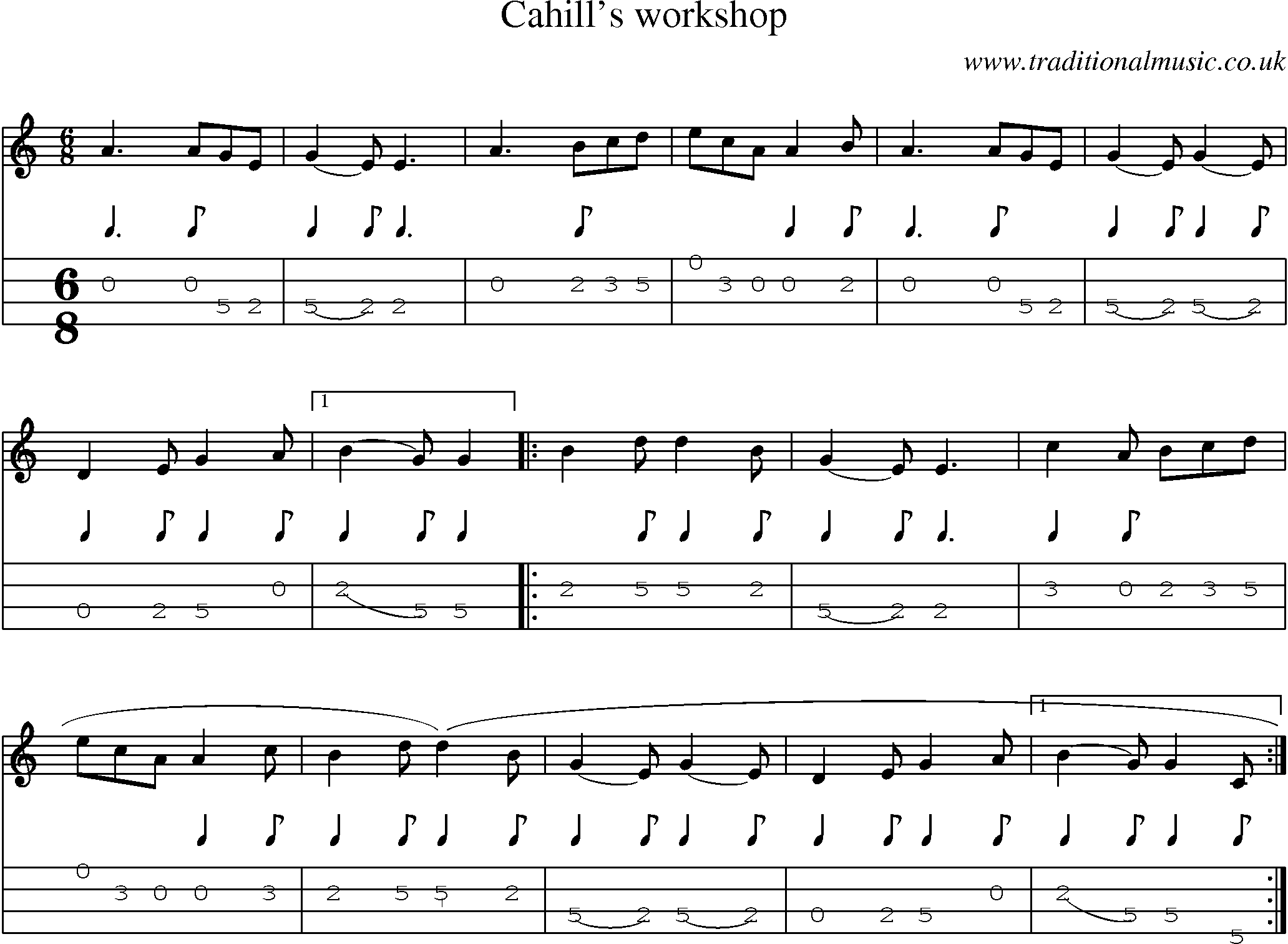 Music Score and Mandolin Tabs for Cahills Workshop