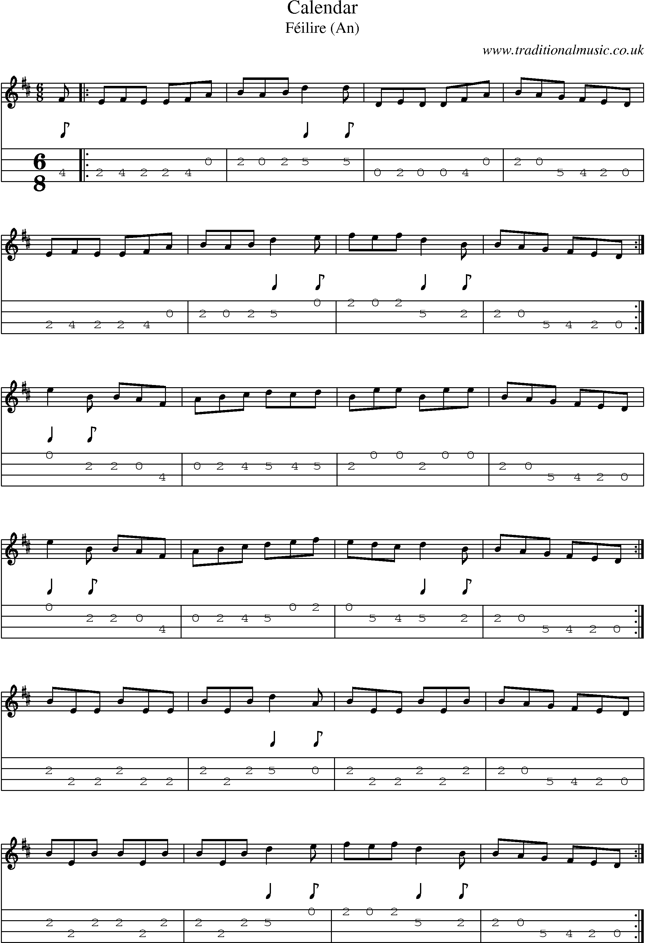 Music Score and Mandolin Tabs for Calendar