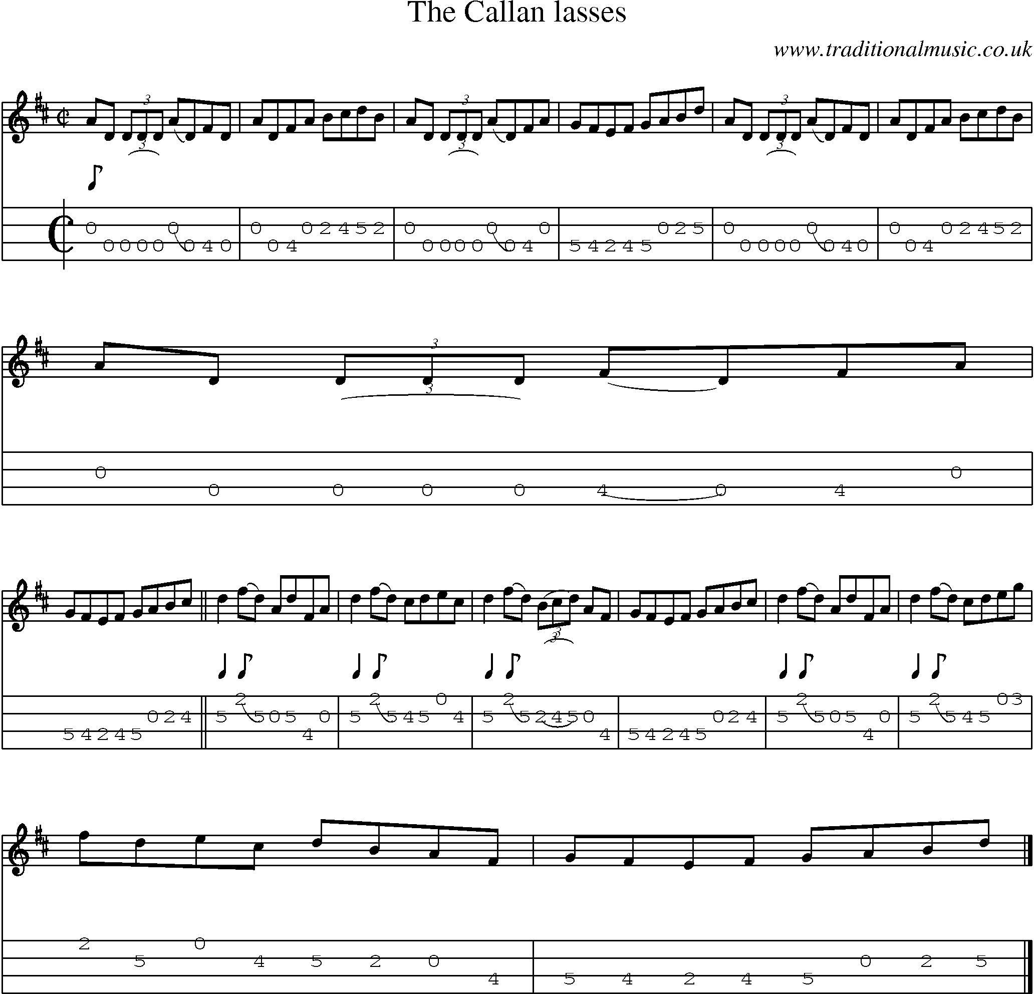 Music Score and Mandolin Tabs for Callan Lasses