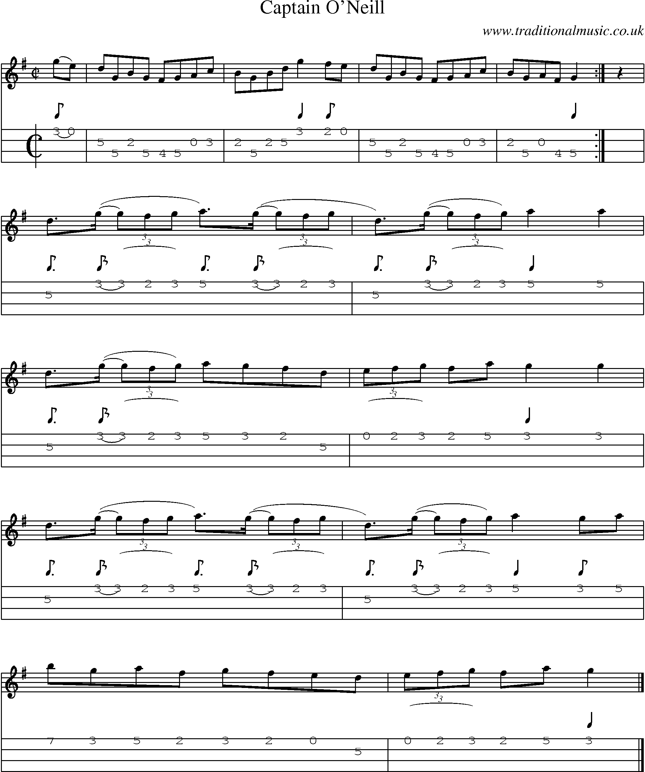Music Score and Mandolin Tabs for Captain O Neill