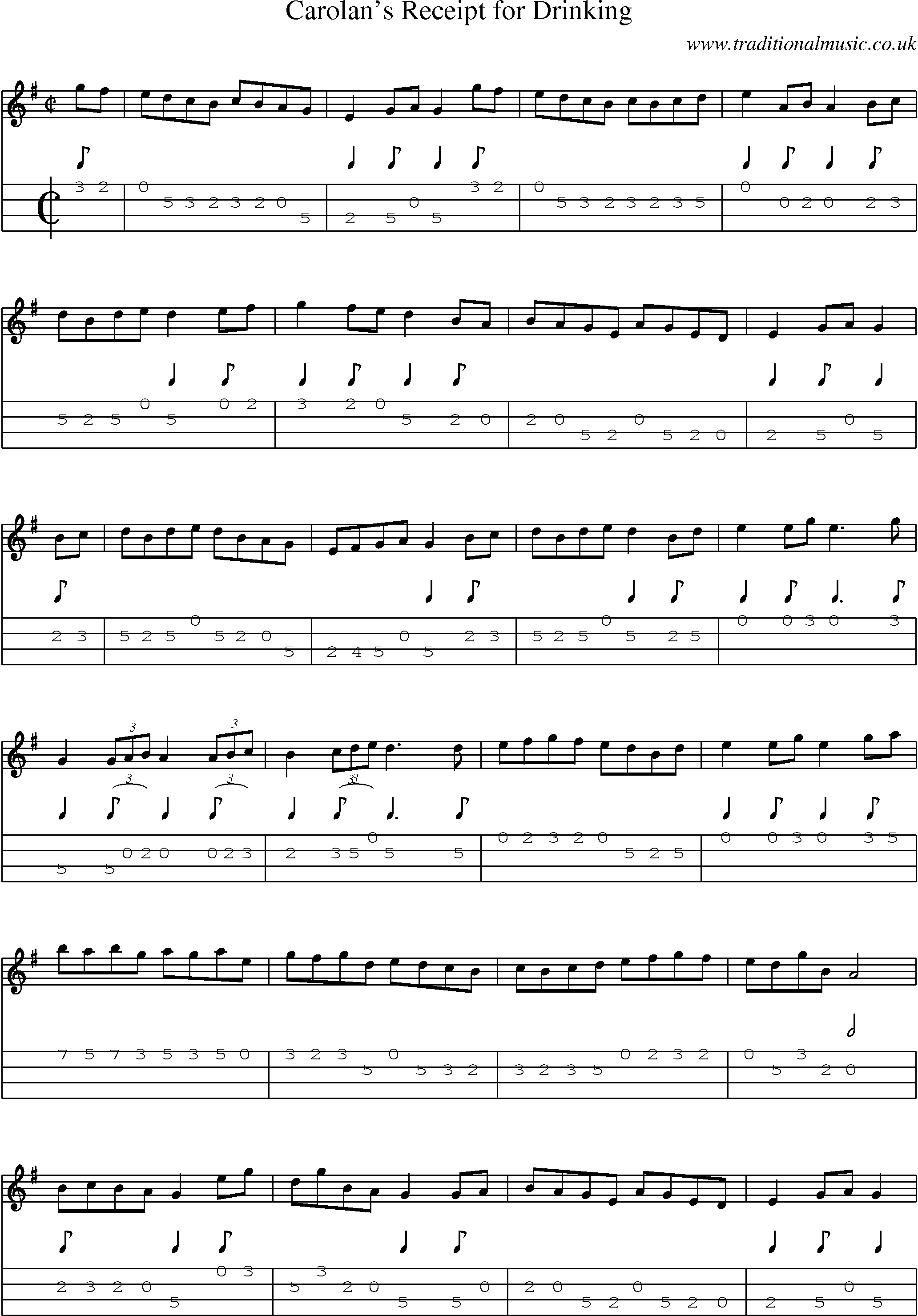 Music Score and Mandolin Tabs for Carolans Receipt For Drinking