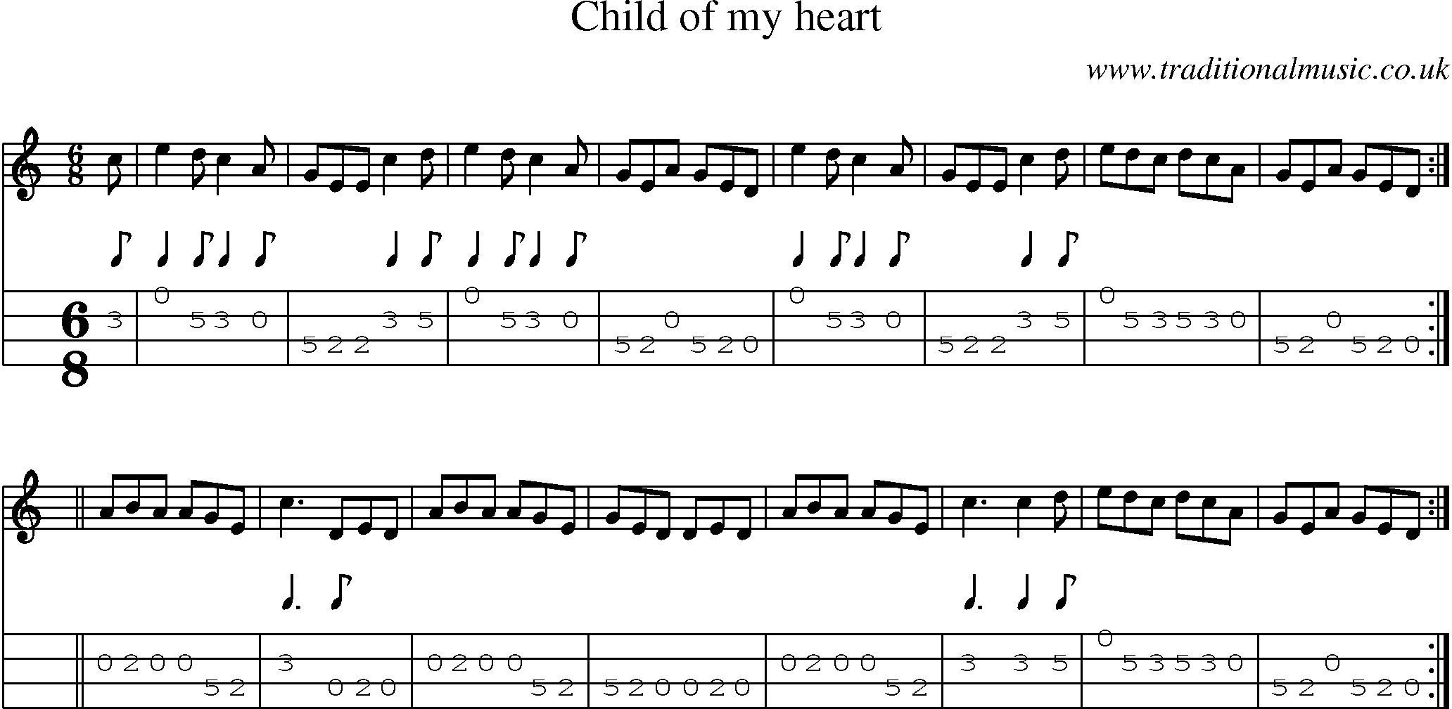Music Score and Mandolin Tabs for Child Of My Heart