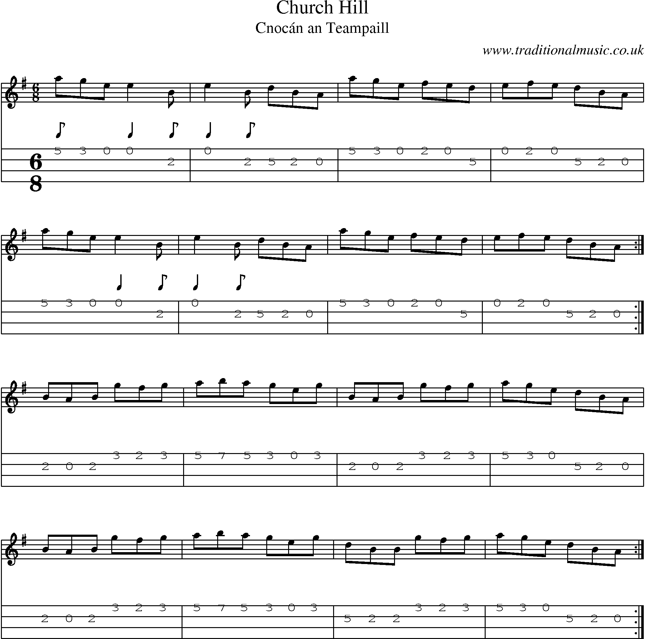 Music Score and Mandolin Tabs for Church Hill