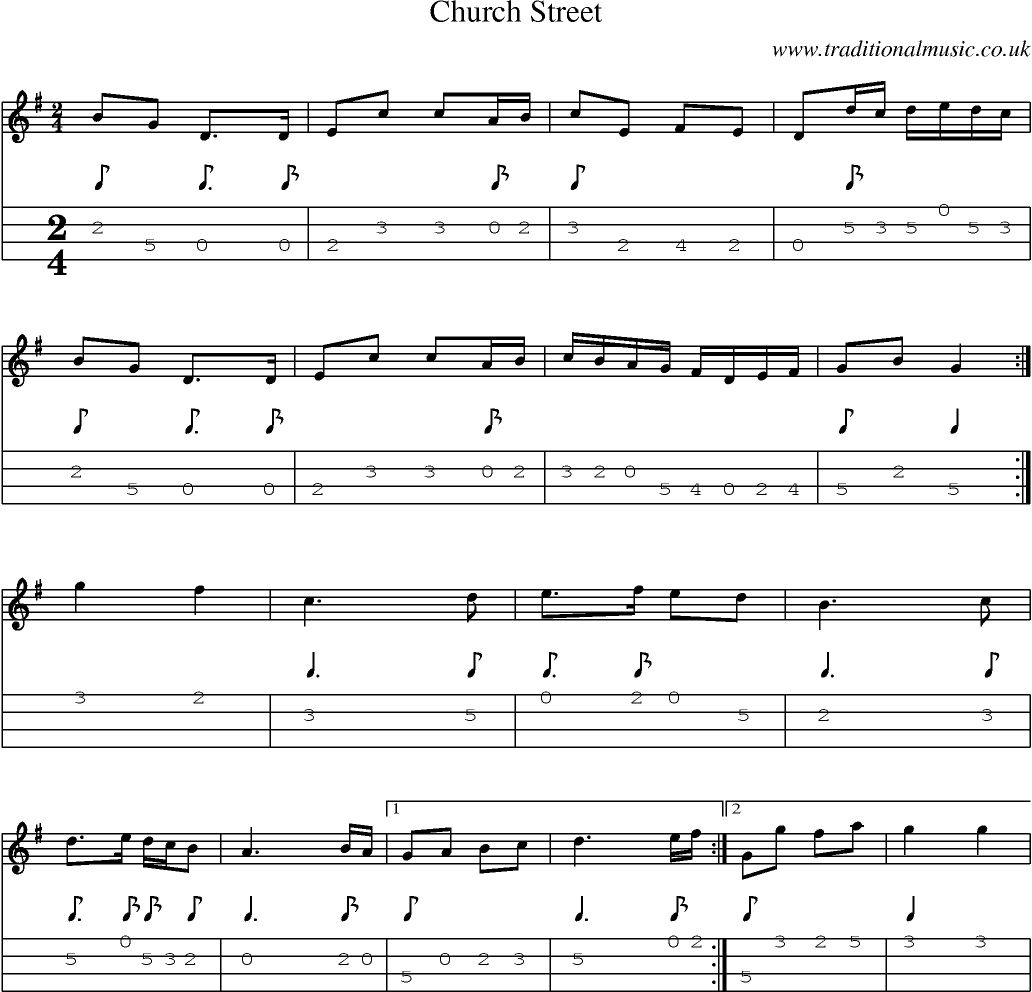 Music Score and Mandolin Tabs for Church Street