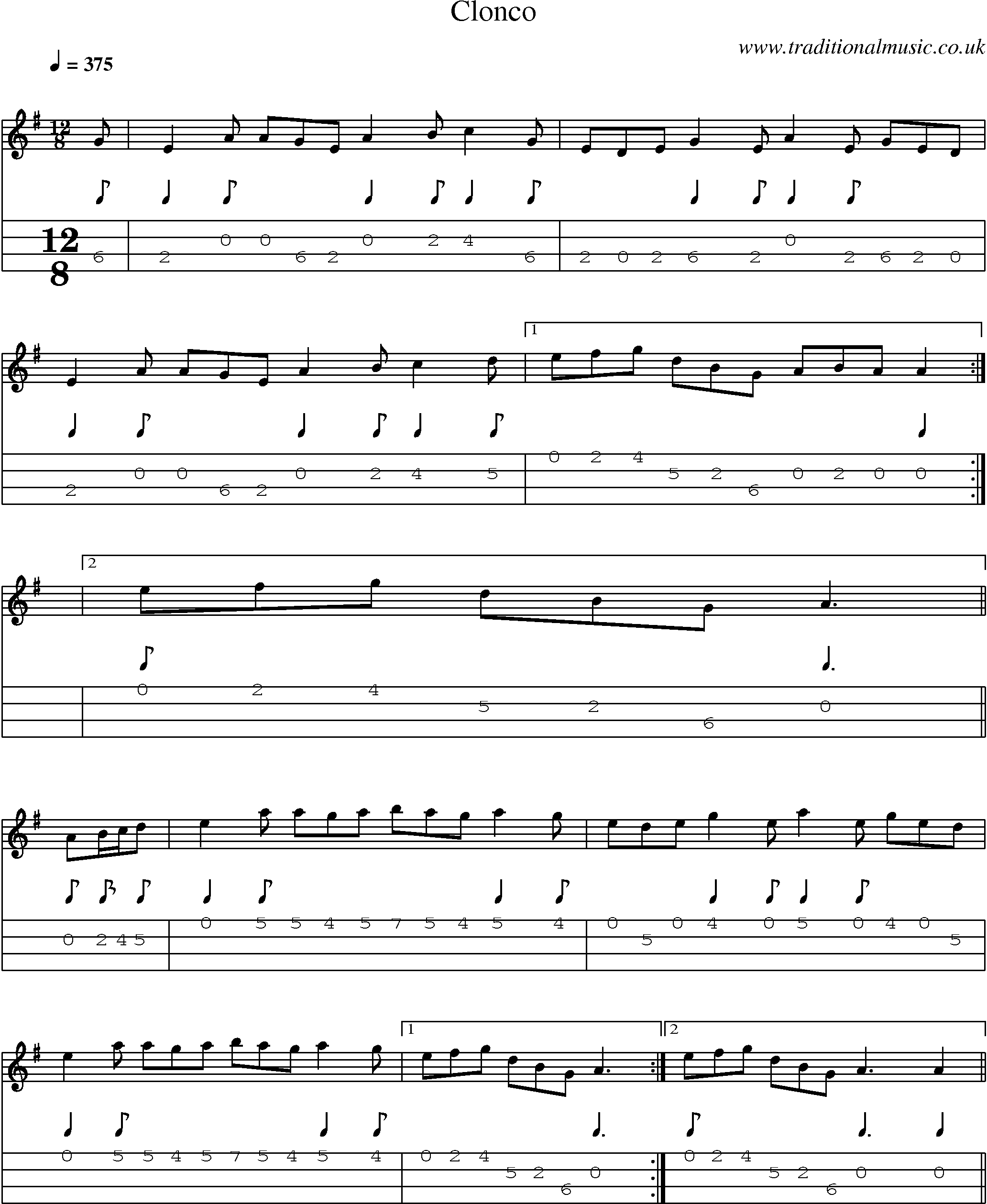 Music Score and Mandolin Tabs for Clonco