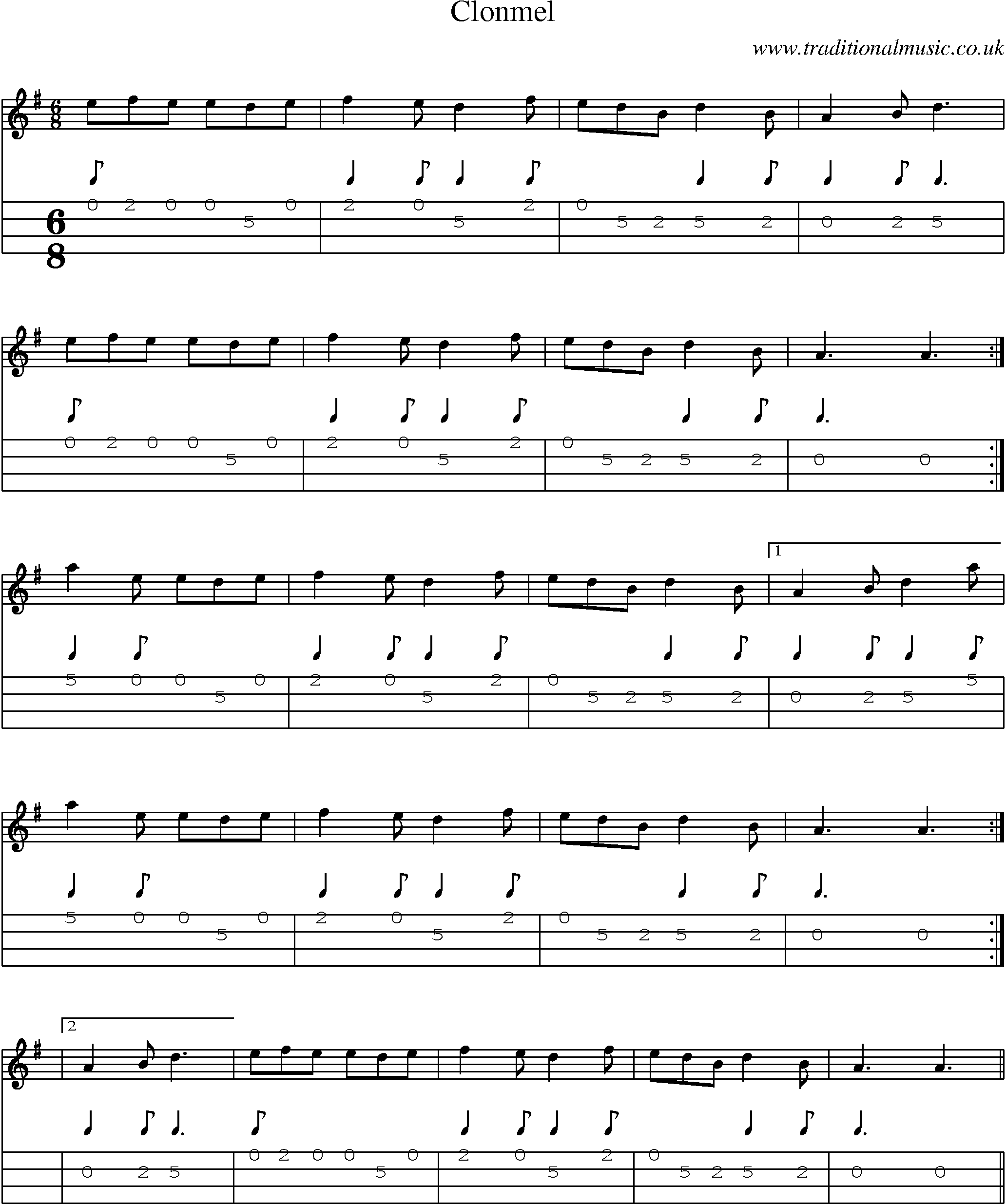 Music Score and Mandolin Tabs for Clonmel