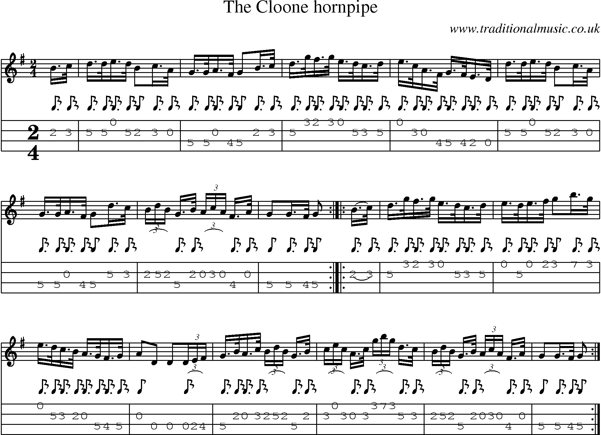 Music Score and Mandolin Tabs for Cloone Hornpipe