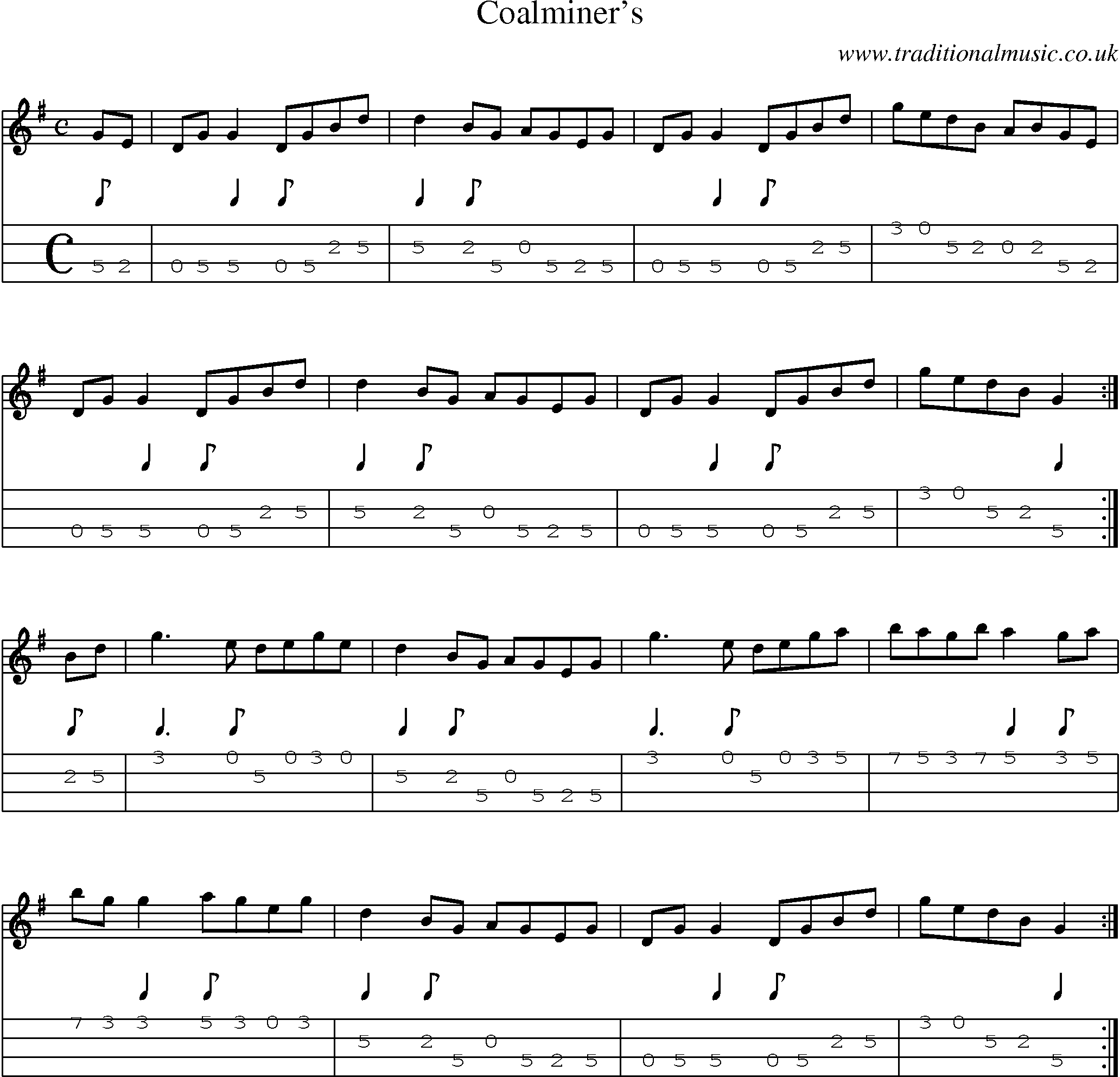 Music Score and Mandolin Tabs for Coalminers