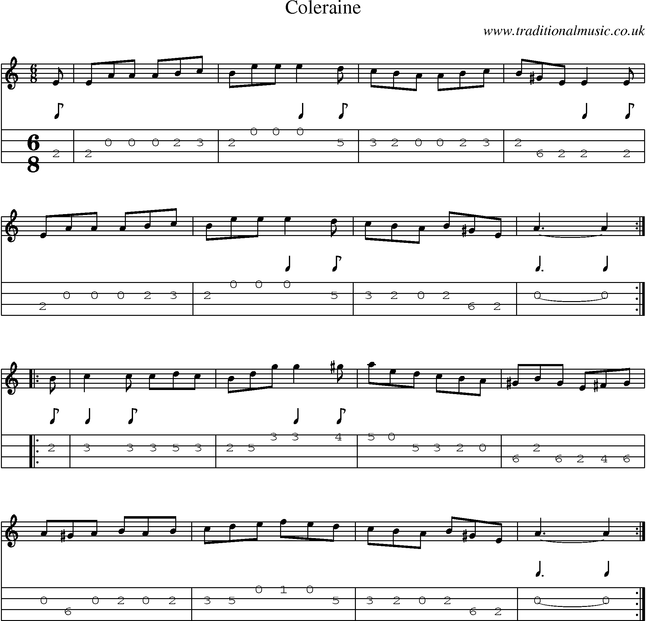Music Score and Mandolin Tabs for Coleraine