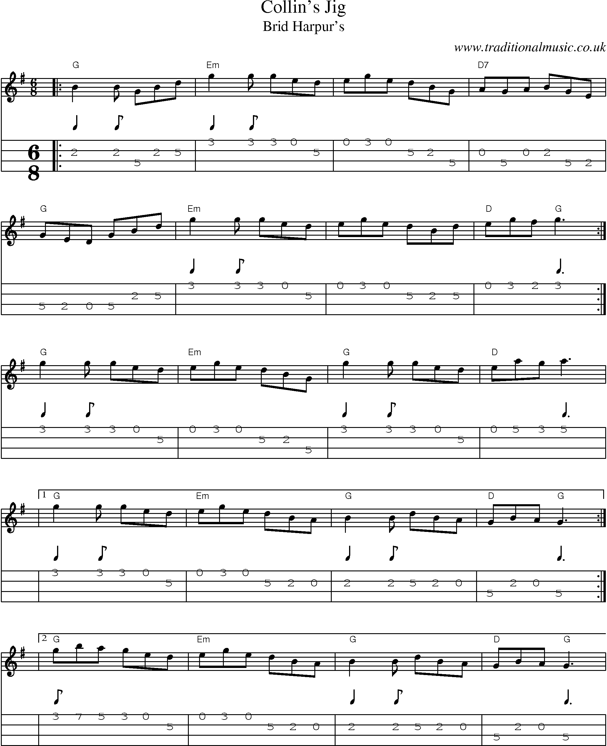 Music Score and Mandolin Tabs for Collins Jig