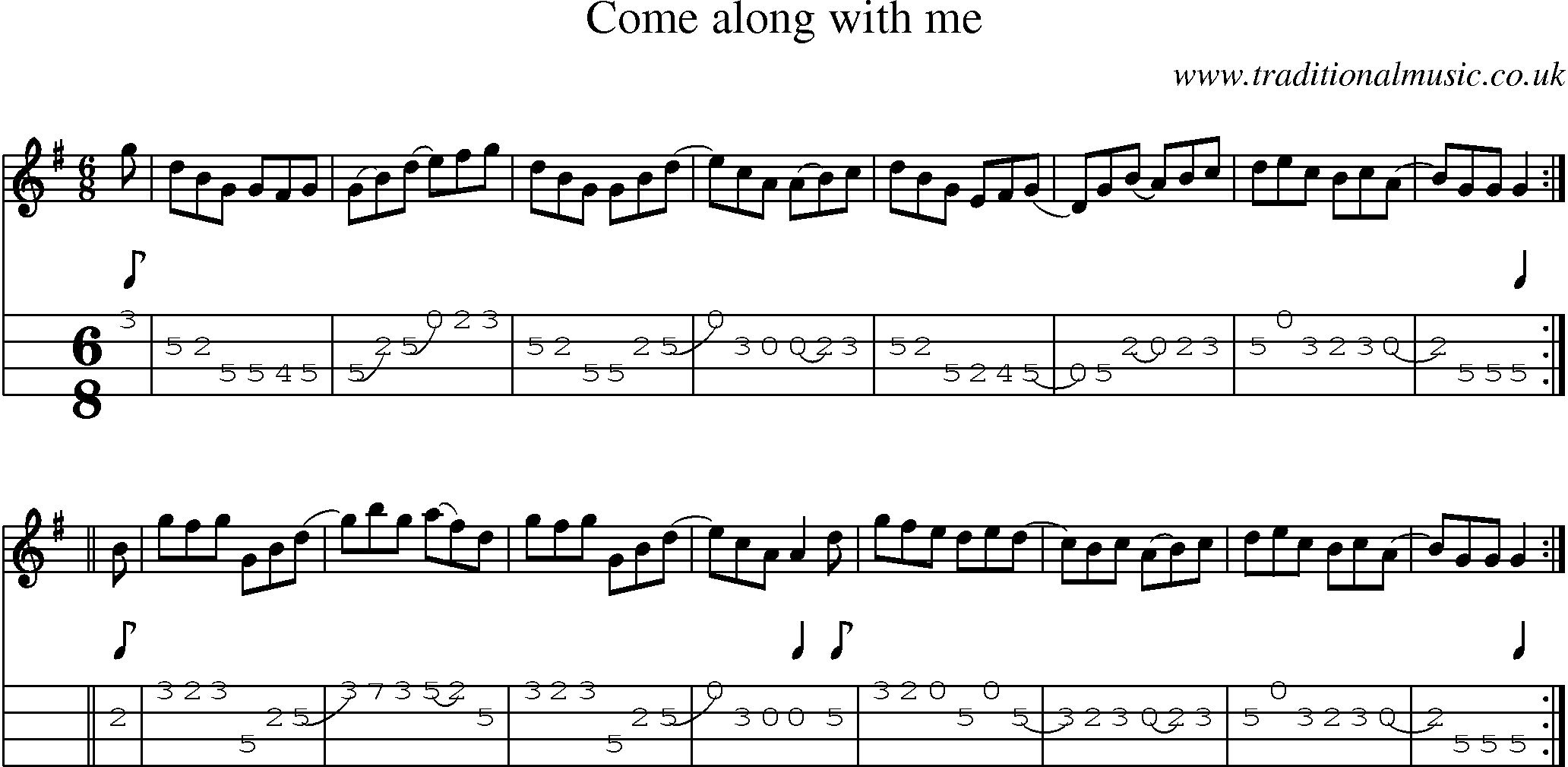Music Score and Mandolin Tabs for Come Along With Me