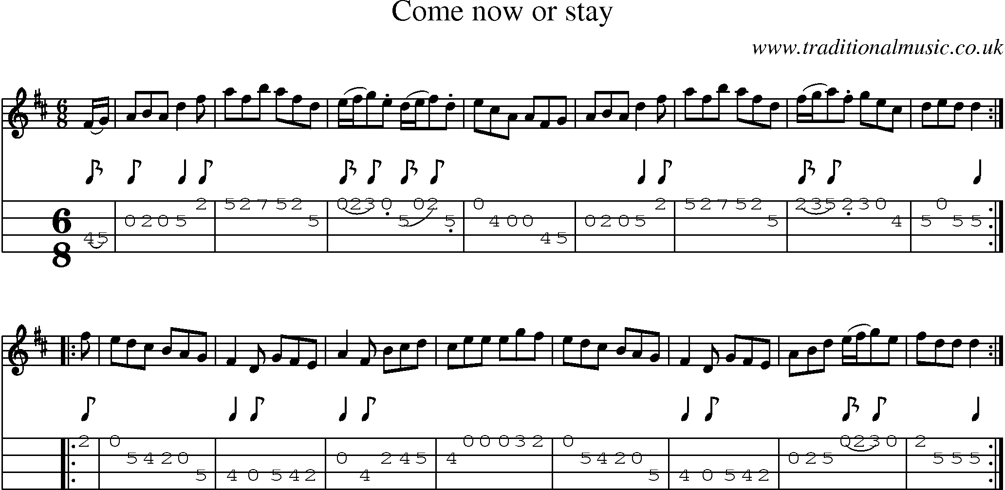 Music Score and Mandolin Tabs for Come Now Or Stay
