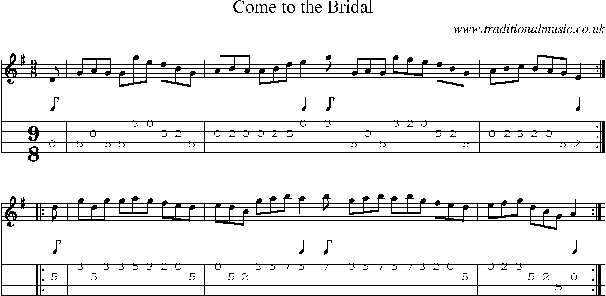 Music Score and Mandolin Tabs for Come To Bridal