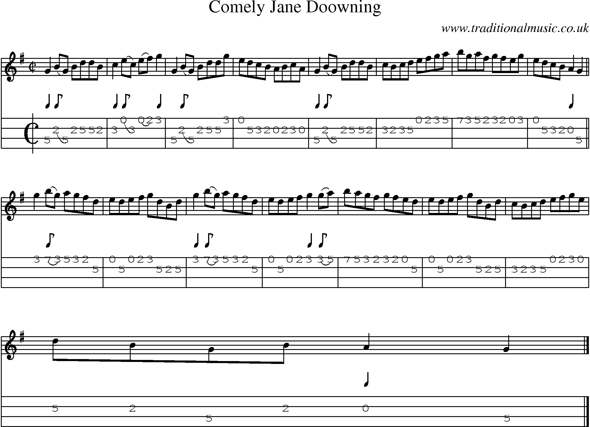 Music Score and Mandolin Tabs for Comely Jane Doowning