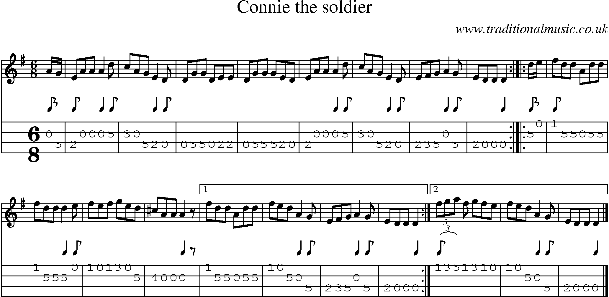 Music Score and Mandolin Tabs for Connie The Soldier