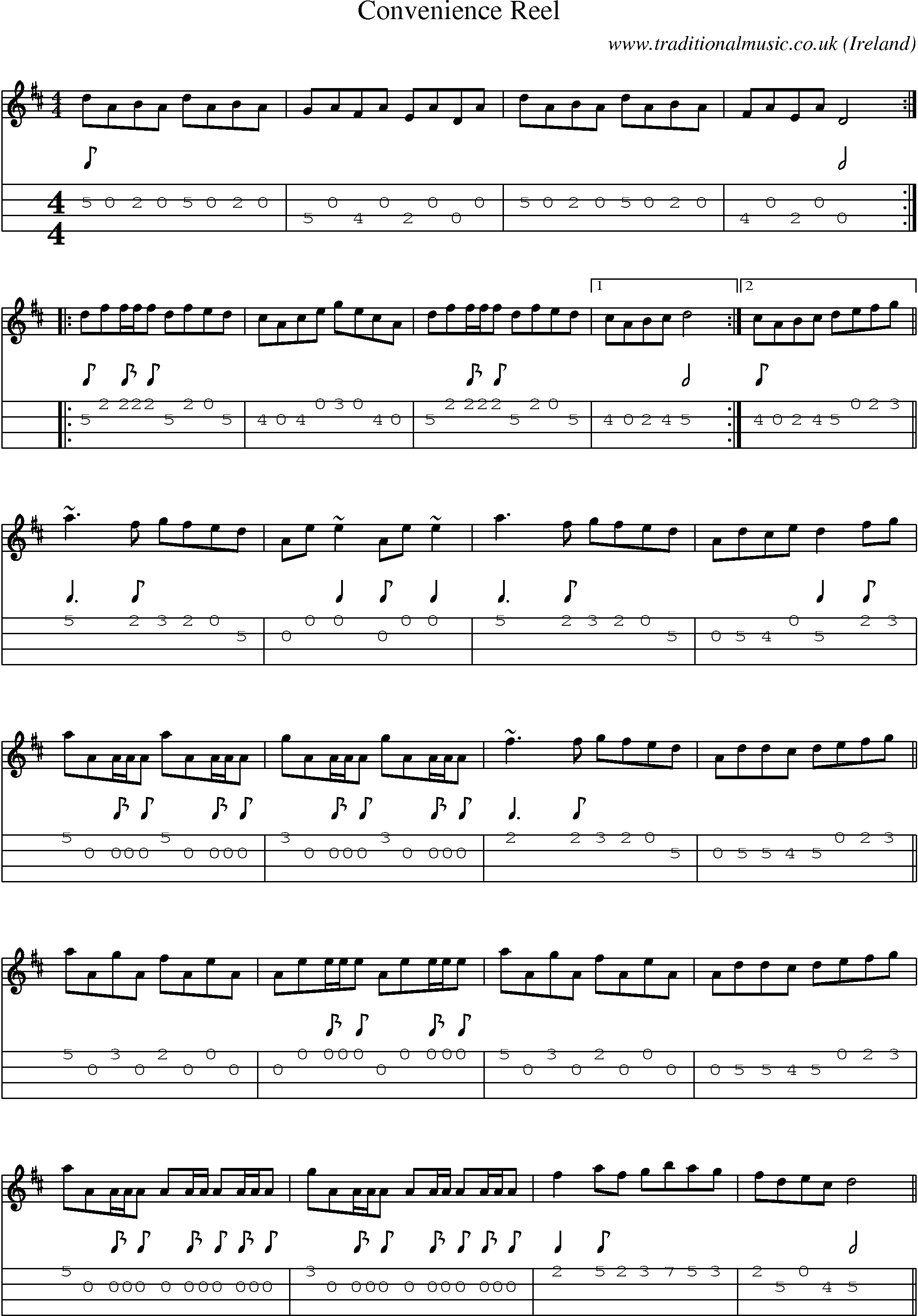 Music Score and Mandolin Tabs for Convenience Reel