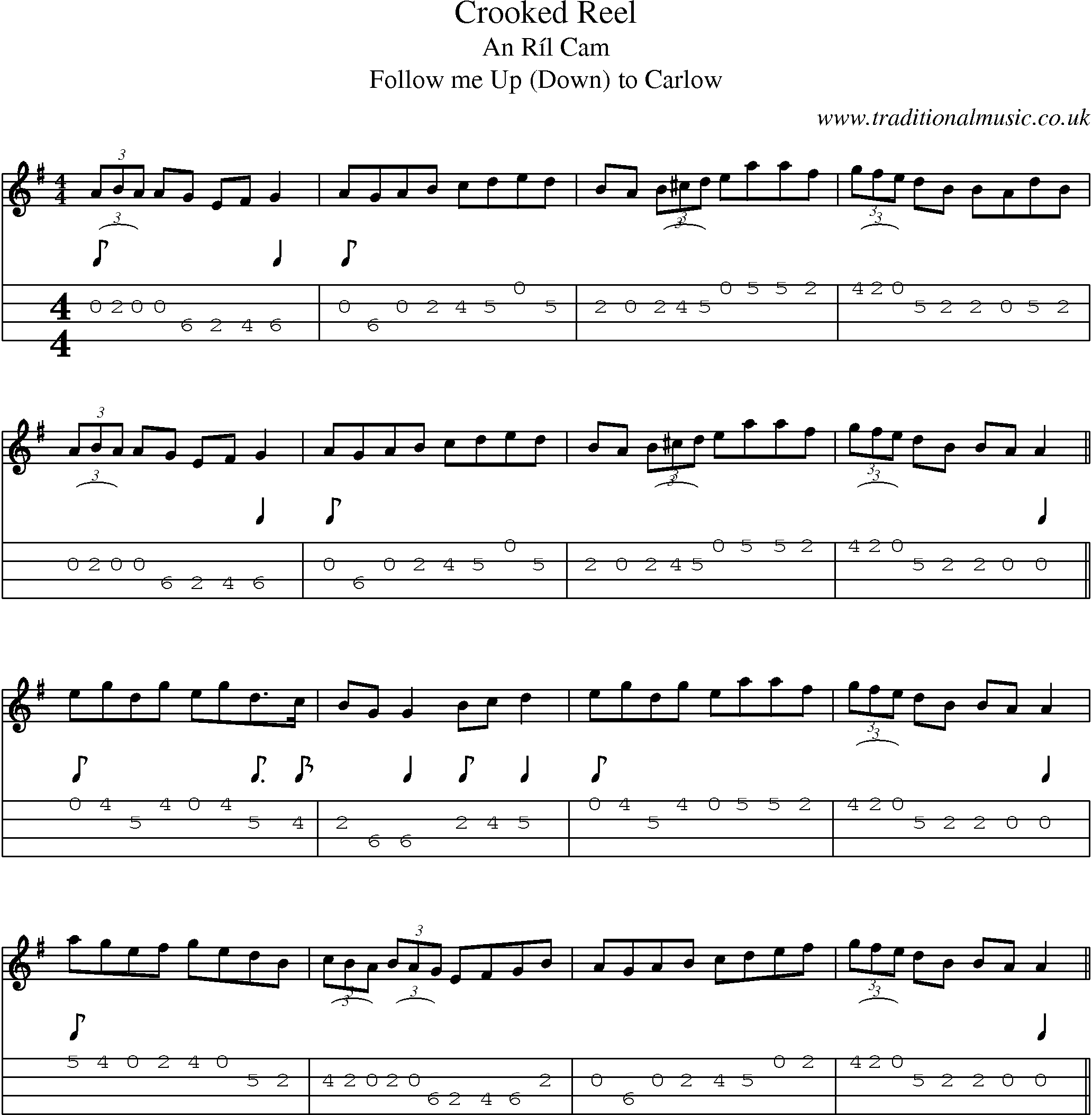Music Score and Mandolin Tabs for Crooked Reel