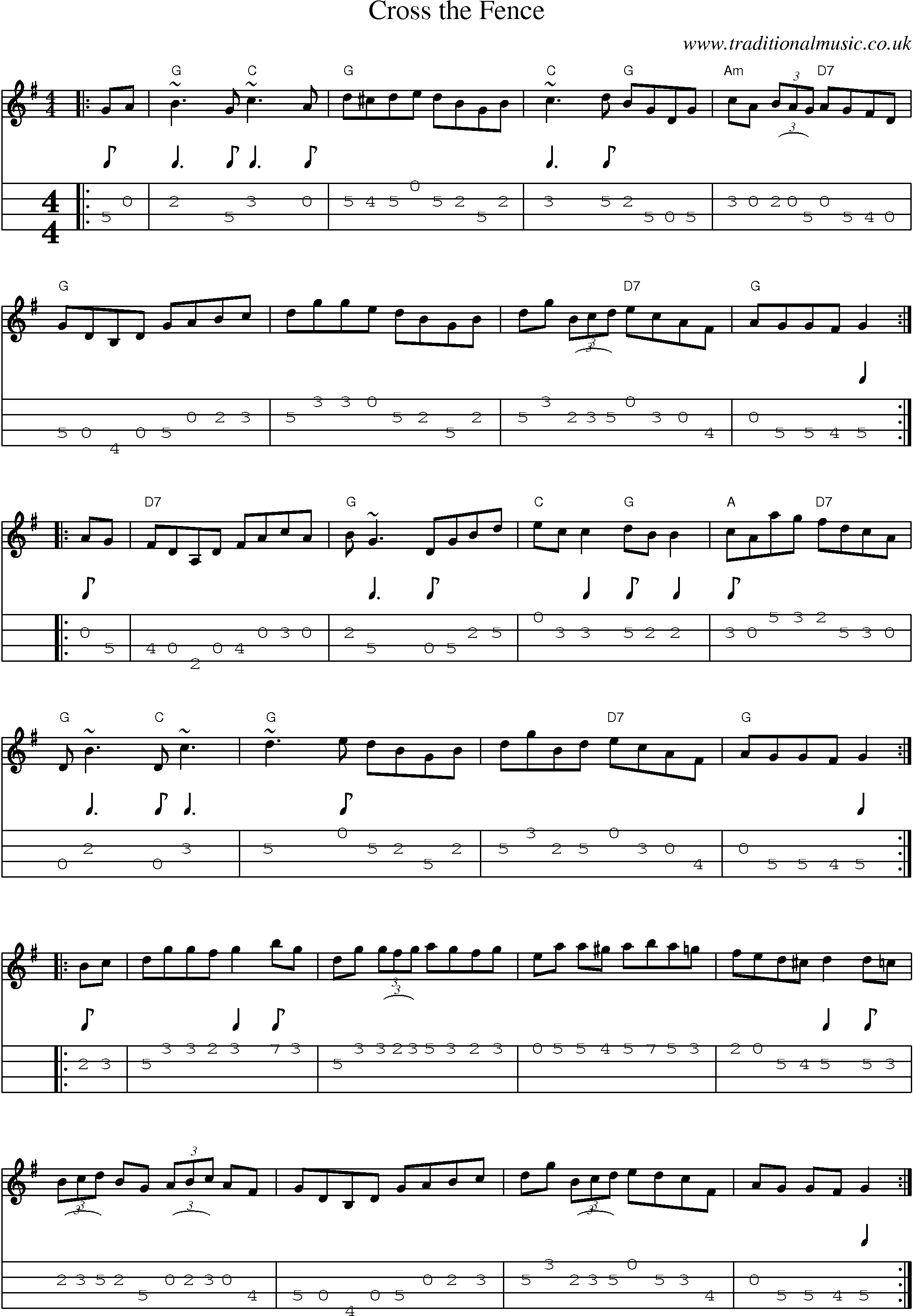 Music Score and Mandolin Tabs for Cross Fence