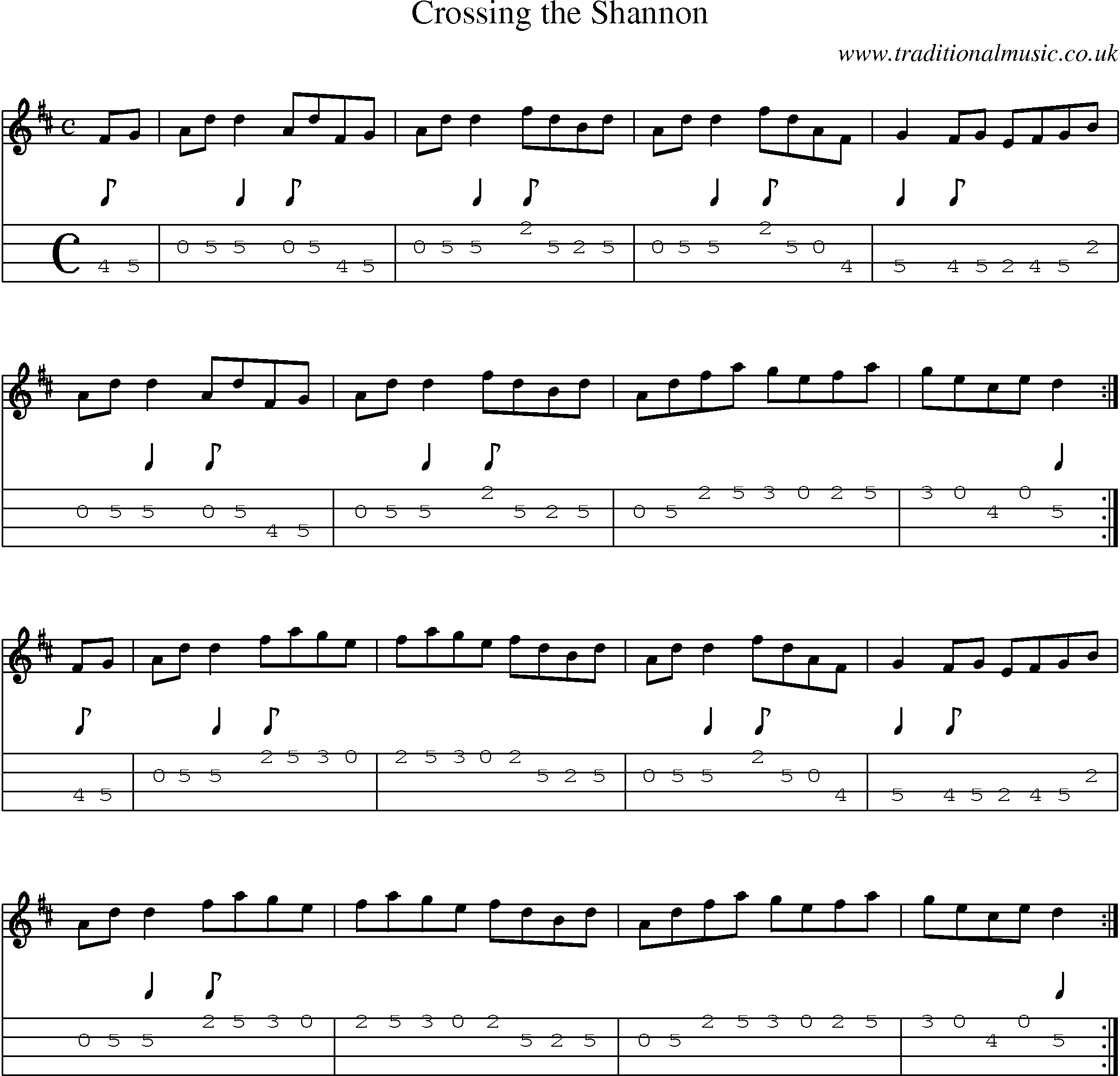 Music Score and Mandolin Tabs for Crossing Shannon