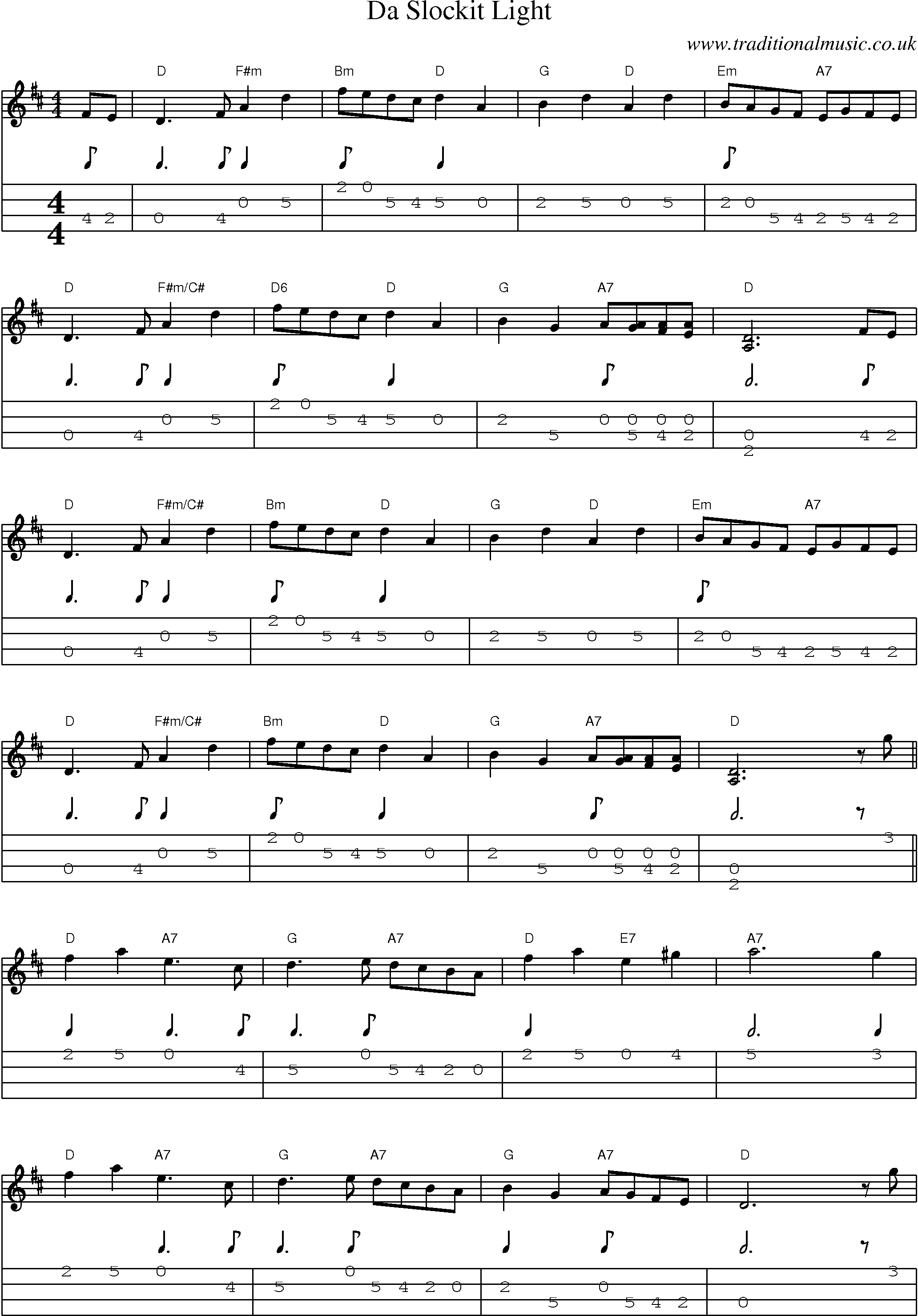 Music Score and Mandolin Tabs for Da Slockit Light
