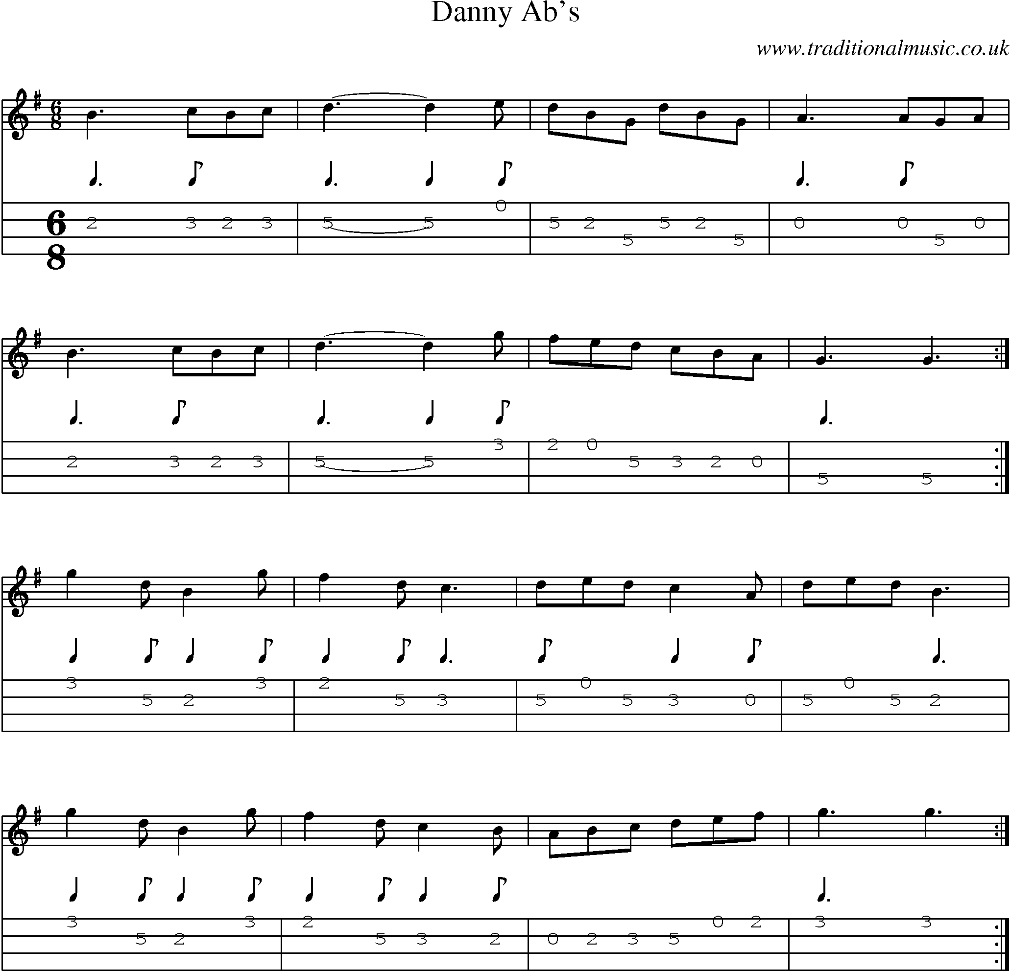 Music Score and Mandolin Tabs for Danny Abs