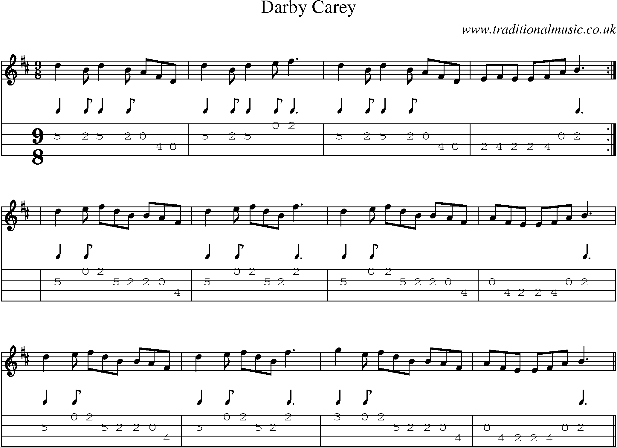 Music Score and Mandolin Tabs for Darby Carey