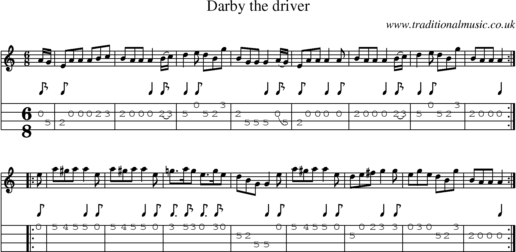 Music Score and Mandolin Tabs for Darby The Driver