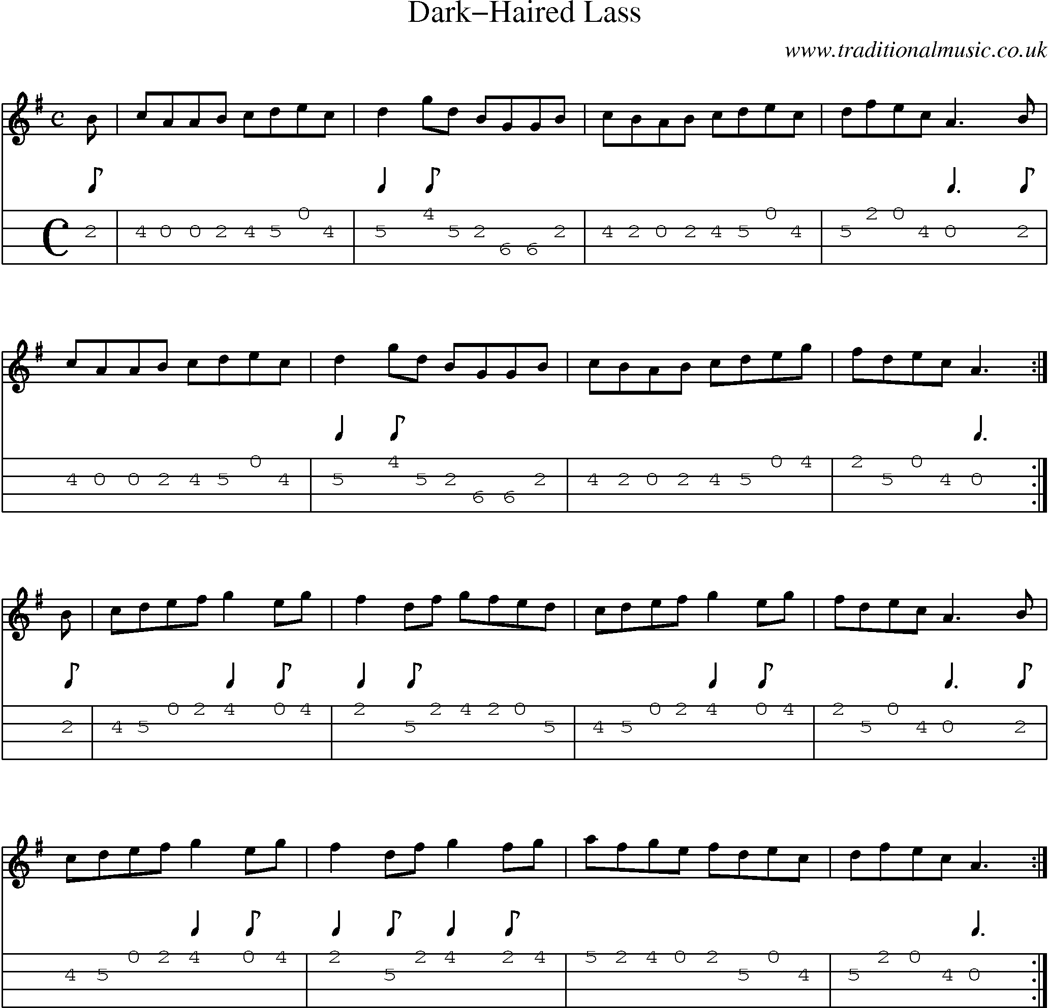 Music Score and Mandolin Tabs for Darkhaired Lass